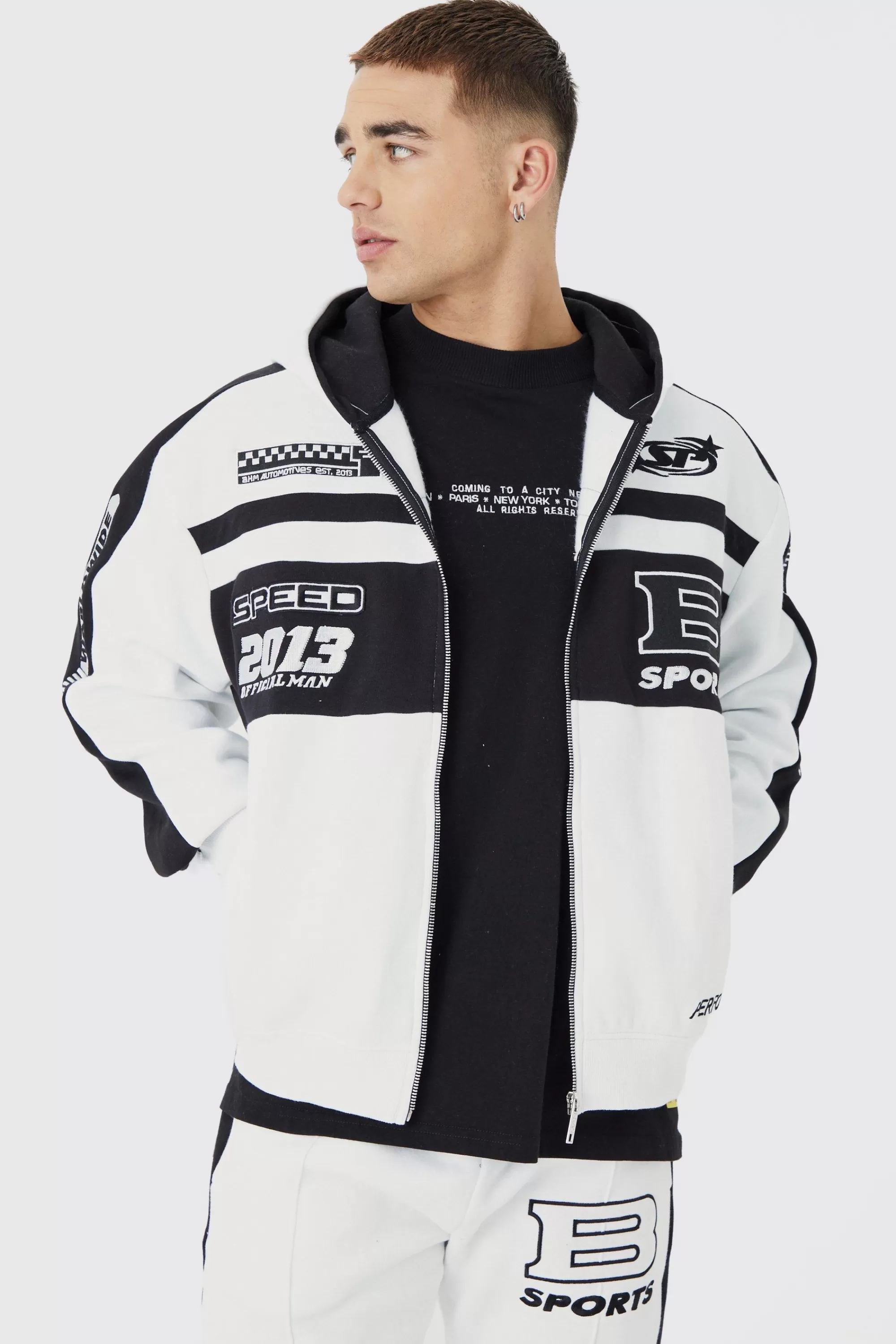 boohooMAN Boxy Zip Through Moto Panel Split Hem Tracksuit | UK