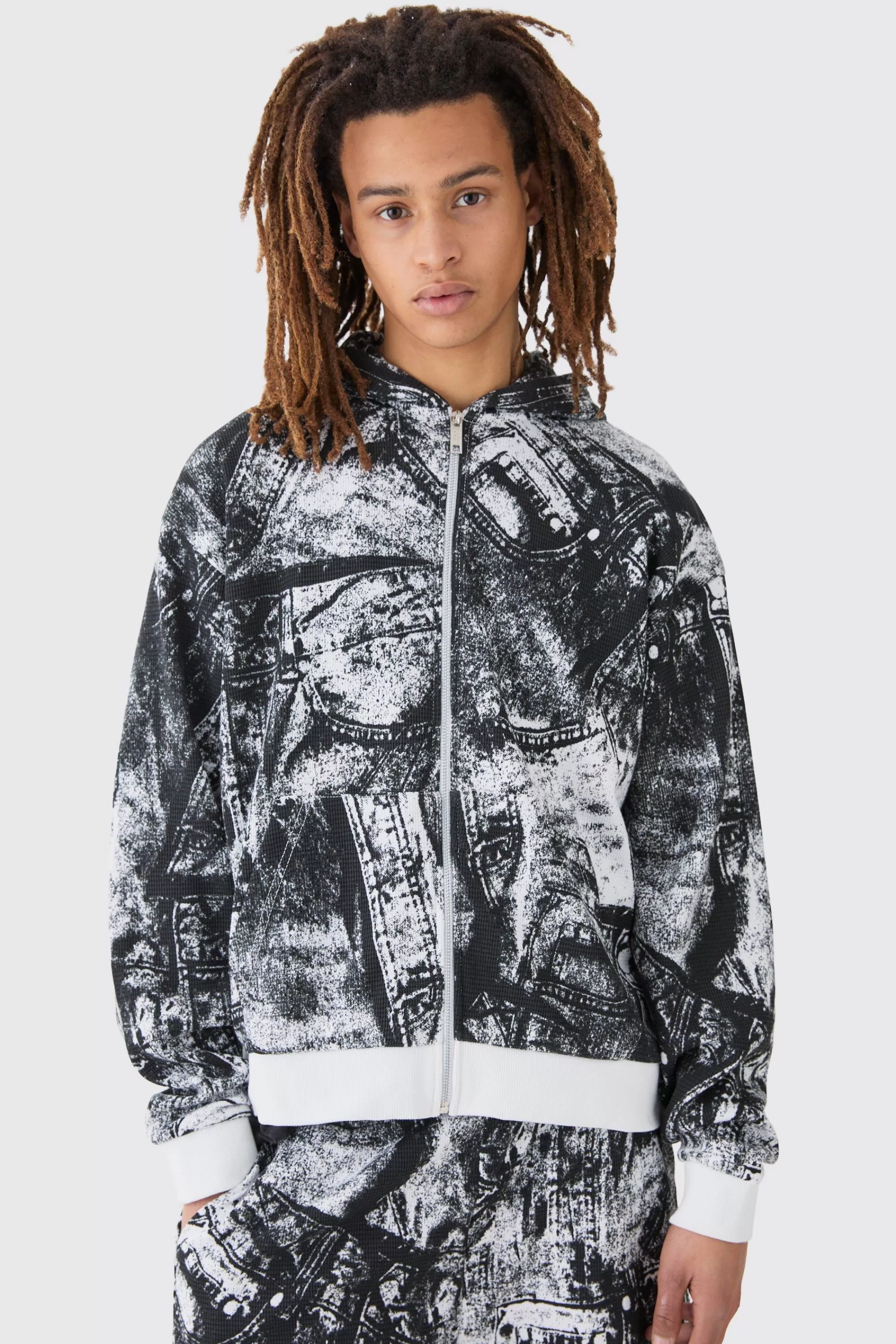 boohooMAN Boxy Zip Through Printed Heavyweight Waffle Hoodie | UK