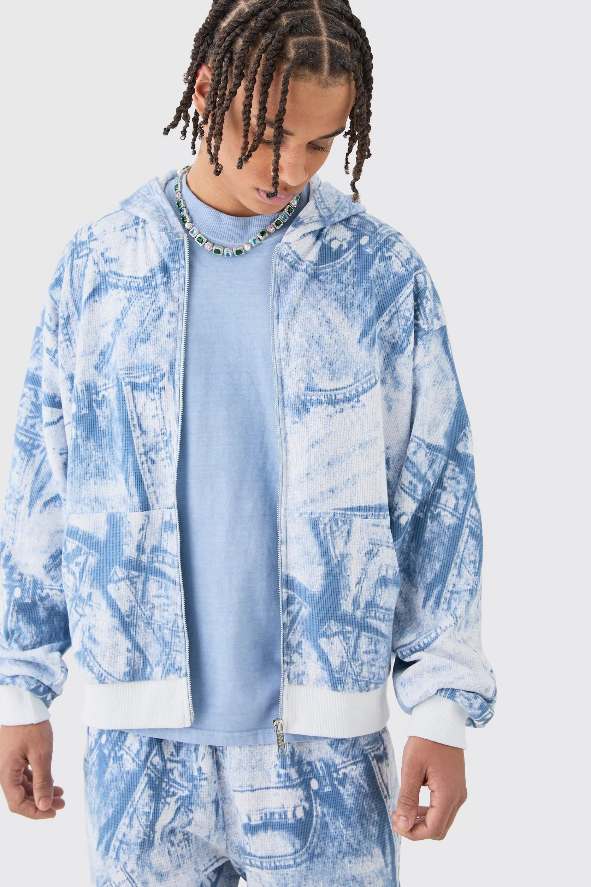 boohooMAN Boxy Zip Through Printed Heavyweight Waffle Hoodie | UK