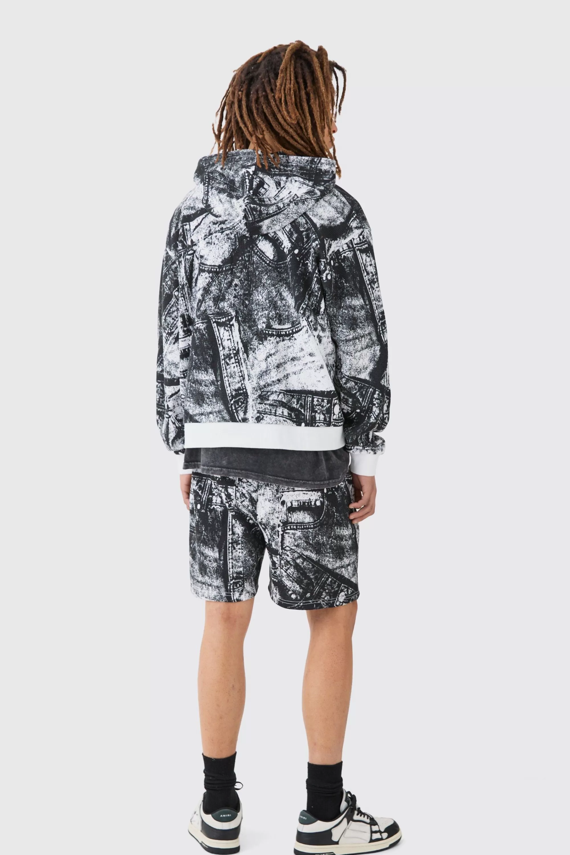boohooMAN Boxy Zip Through Printed Heavyweight Waffle Hoodie | UK