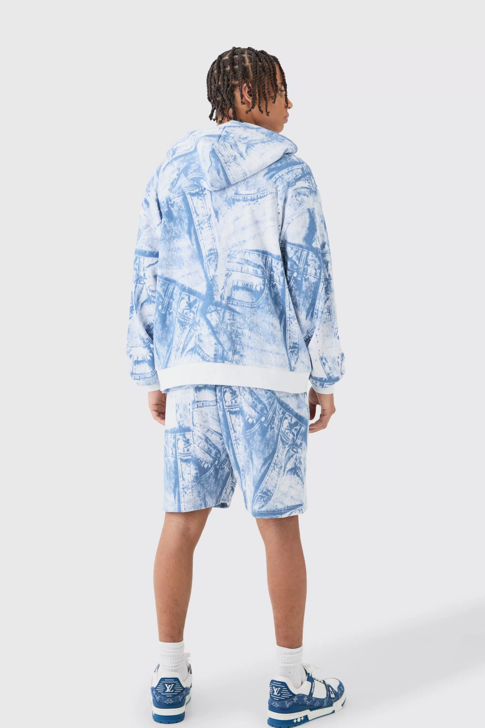 boohooMAN Boxy Zip Through Printed Heavyweight Waffle Hoodie | UK