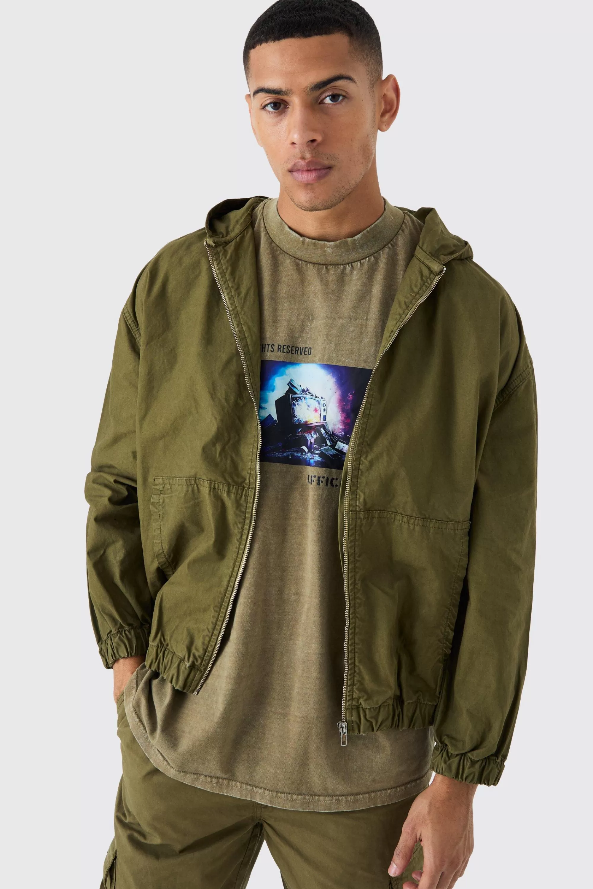boohooMAN Branded Plaque Detail Twill Hooded Overshirt | UK