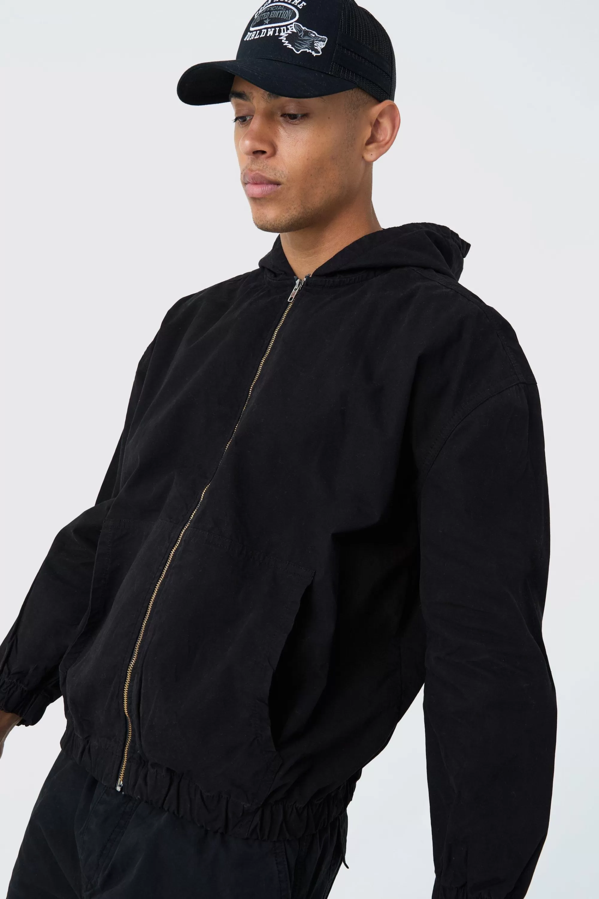 boohooMAN Branded Plaque Detail Twill Hooded Overshirt | UK