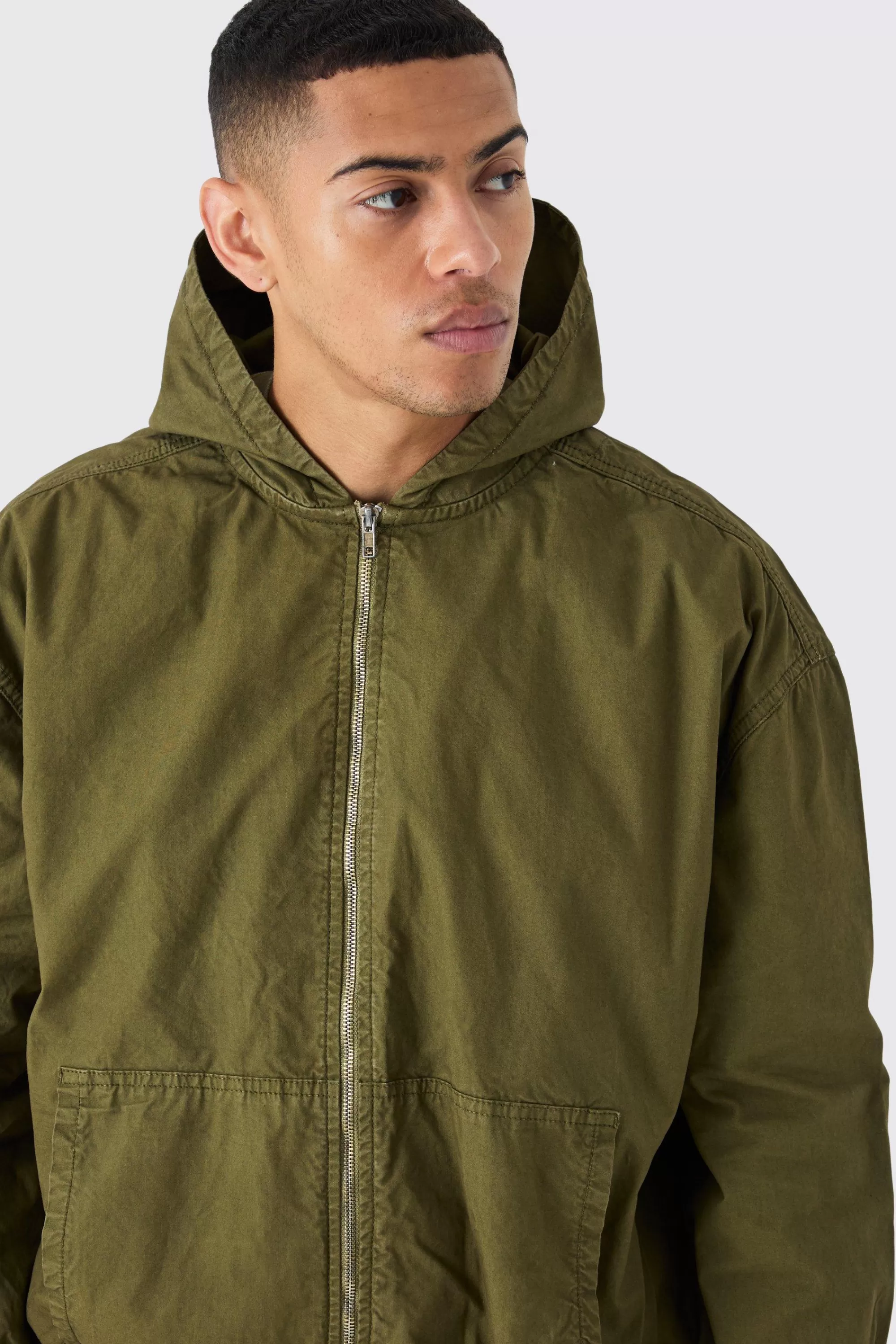 boohooMAN Branded Plaque Detail Twill Hooded Overshirt | UK