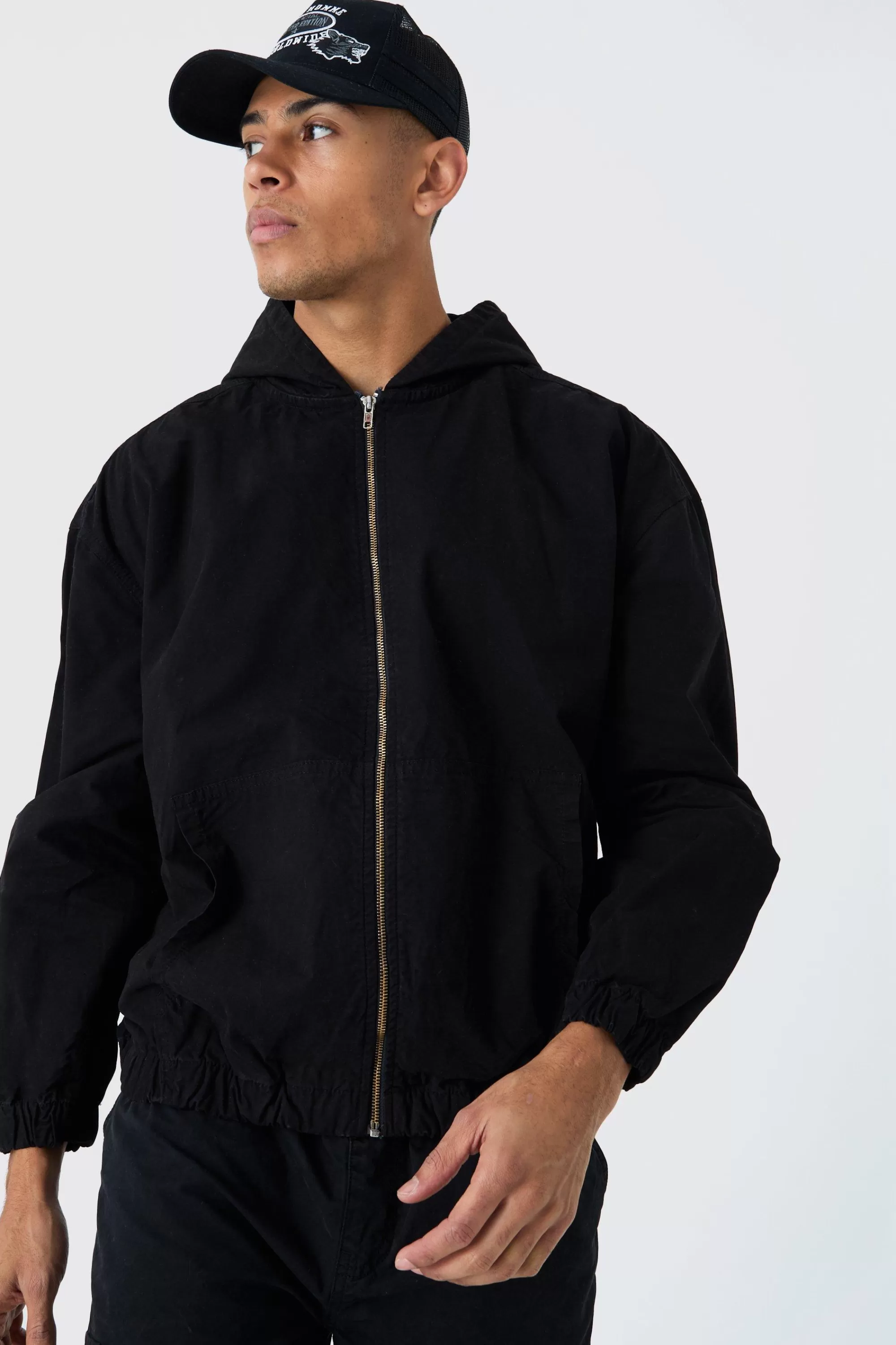 boohooMAN Branded Plaque Detail Twill Hooded Overshirt | UK