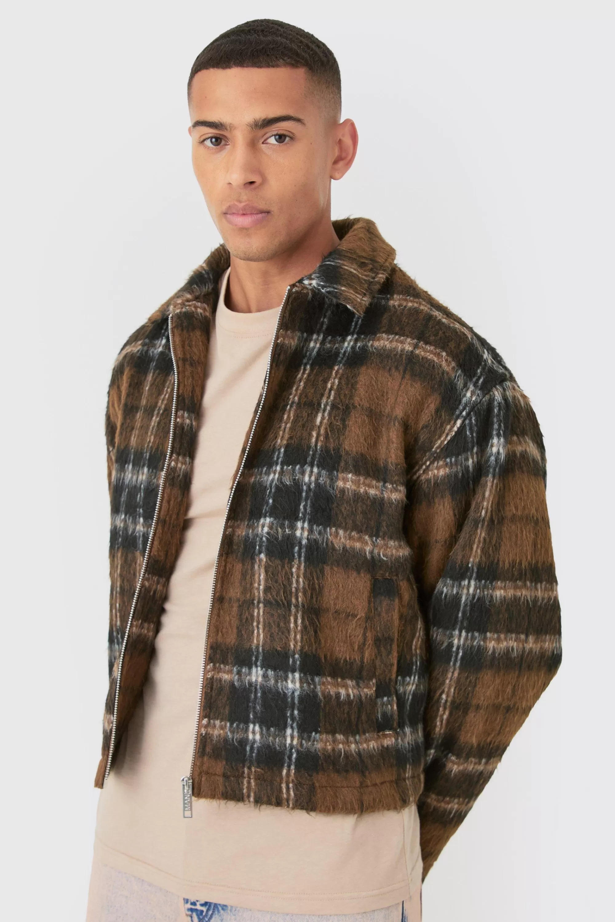 boohooMAN Brushed Check Collared Harrington Jacket In | UK