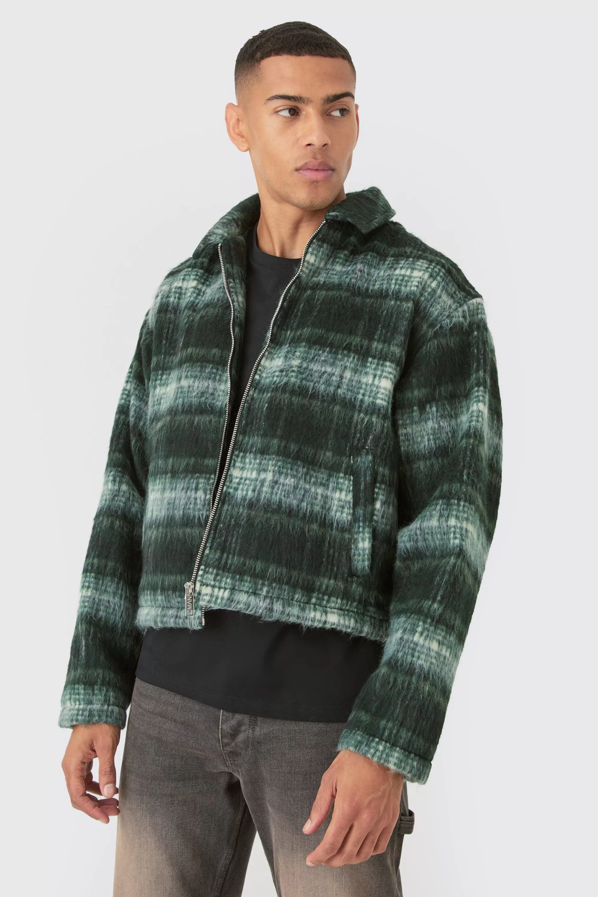 boohooMAN Brushed Check Collared Harrington Jacket In | UK