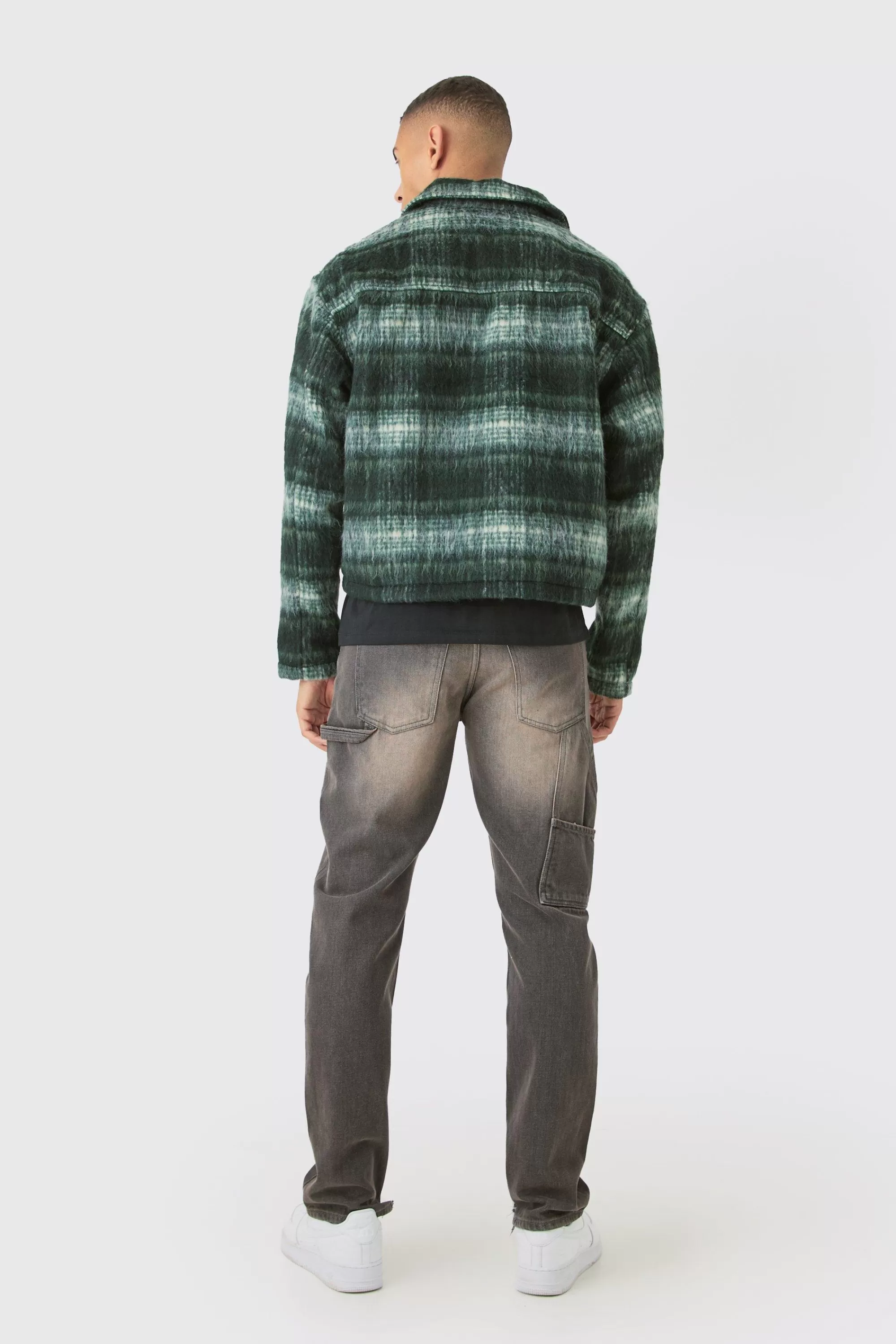 boohooMAN Brushed Check Collared Harrington Jacket In | UK