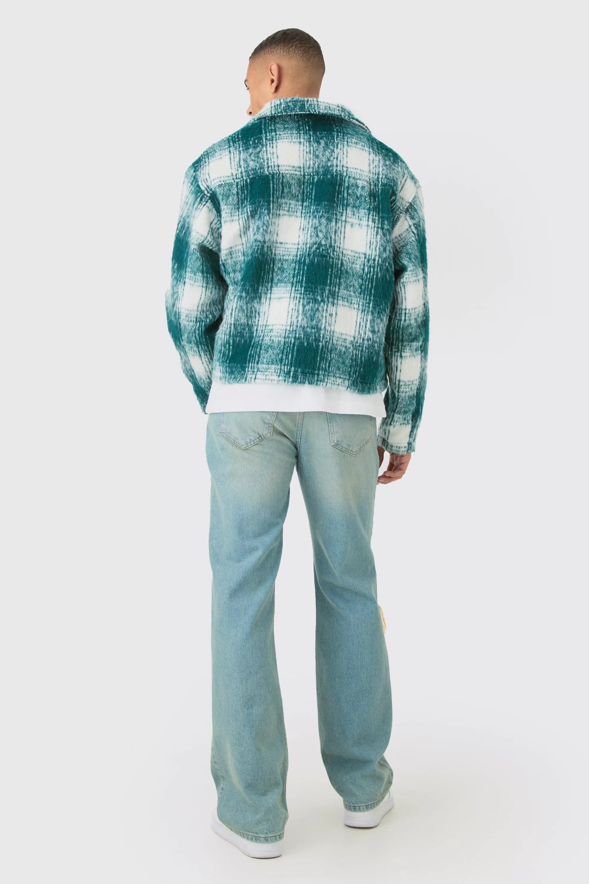 boohooMAN Brushed Check Collared Harrington Jacket In | UK
