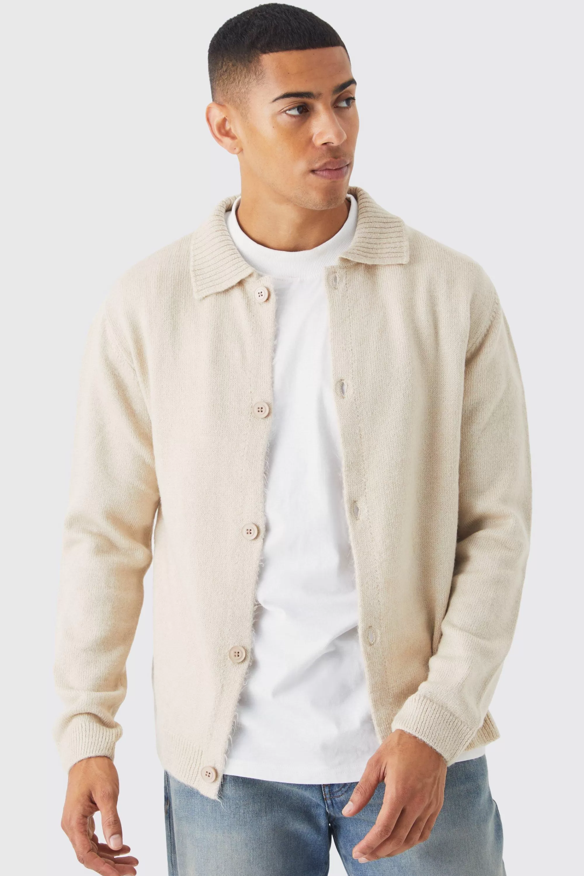 boohooMAN Brushed Knitted Collared Cardigan | UK