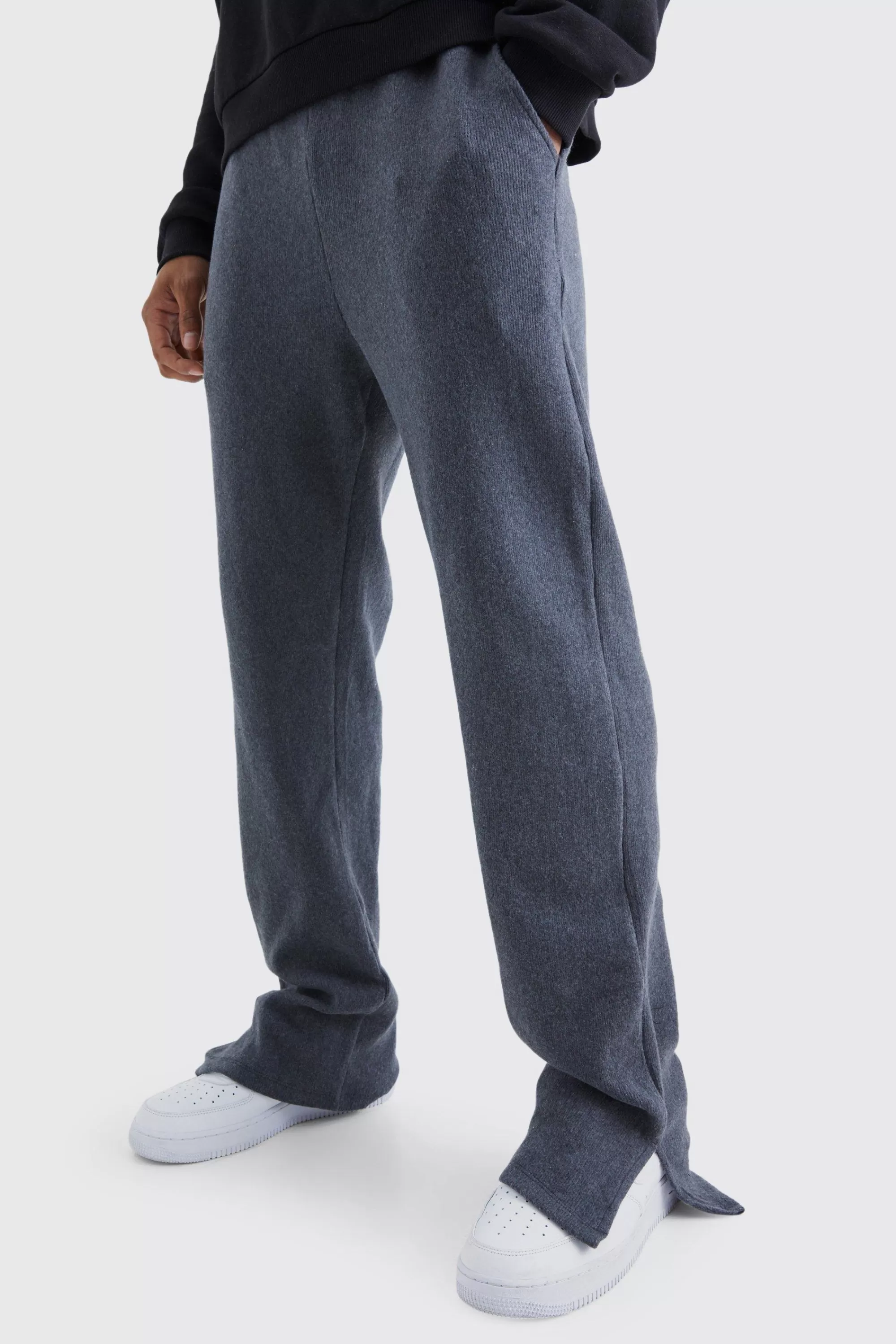 boohooMAN Brushed Rib Ottoman Relaxed Split Hem Jogger | UK