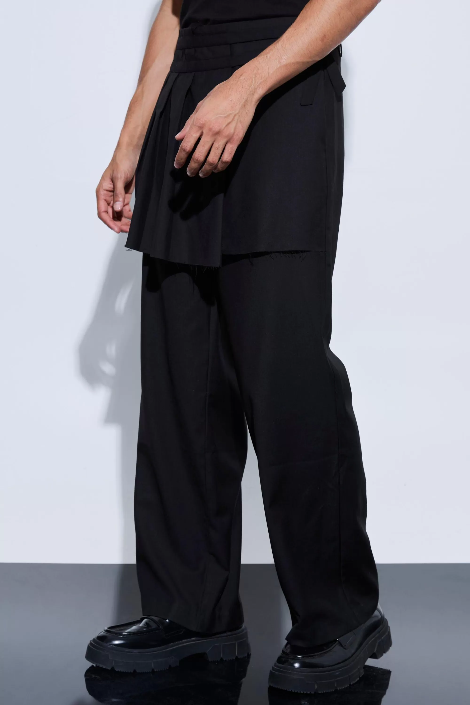 boohooMAN Buckle Kilt Overlay Wide Leg Trousers | UK