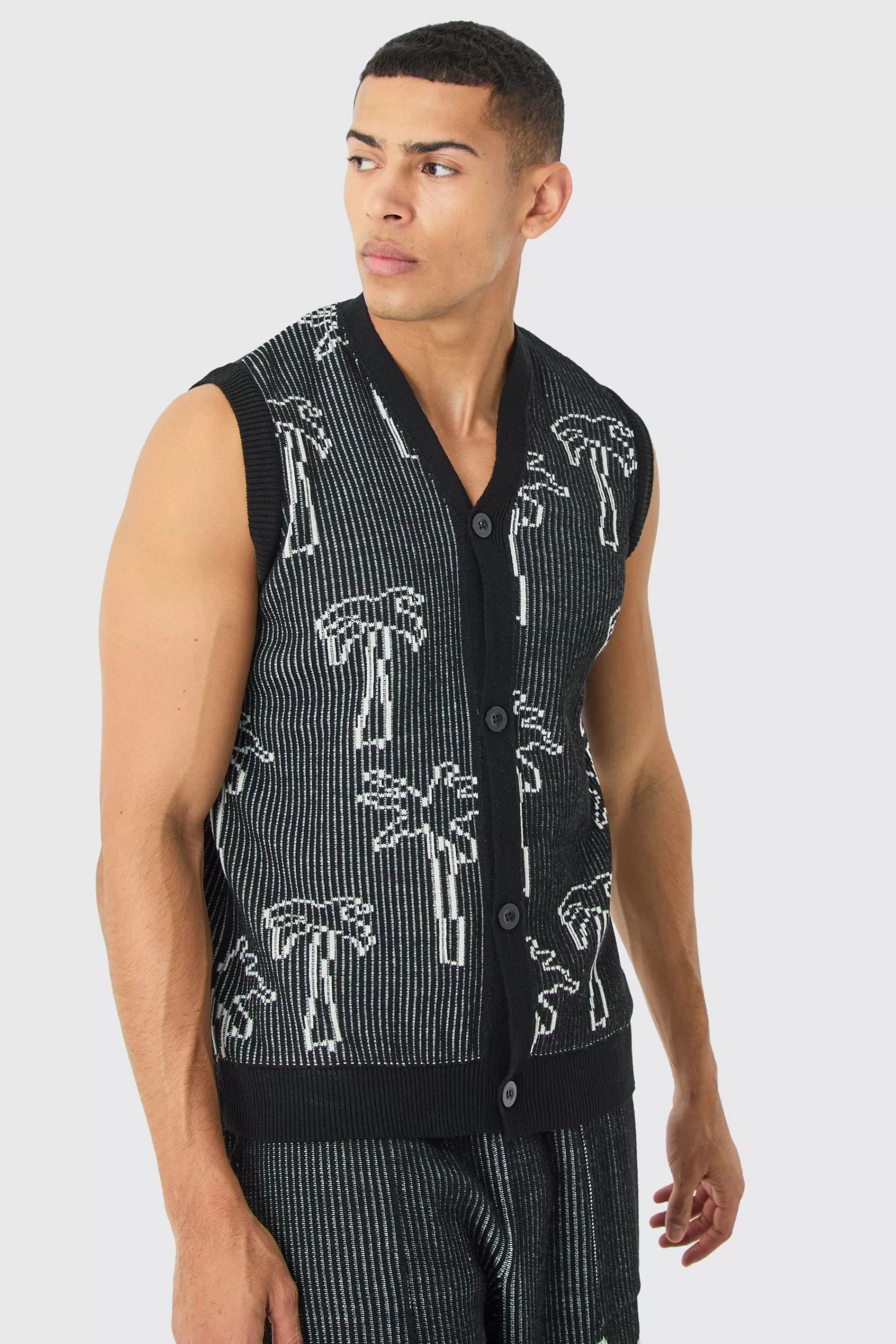 boohooMAN Button Through Palm Ribbed Knit Vest | UK