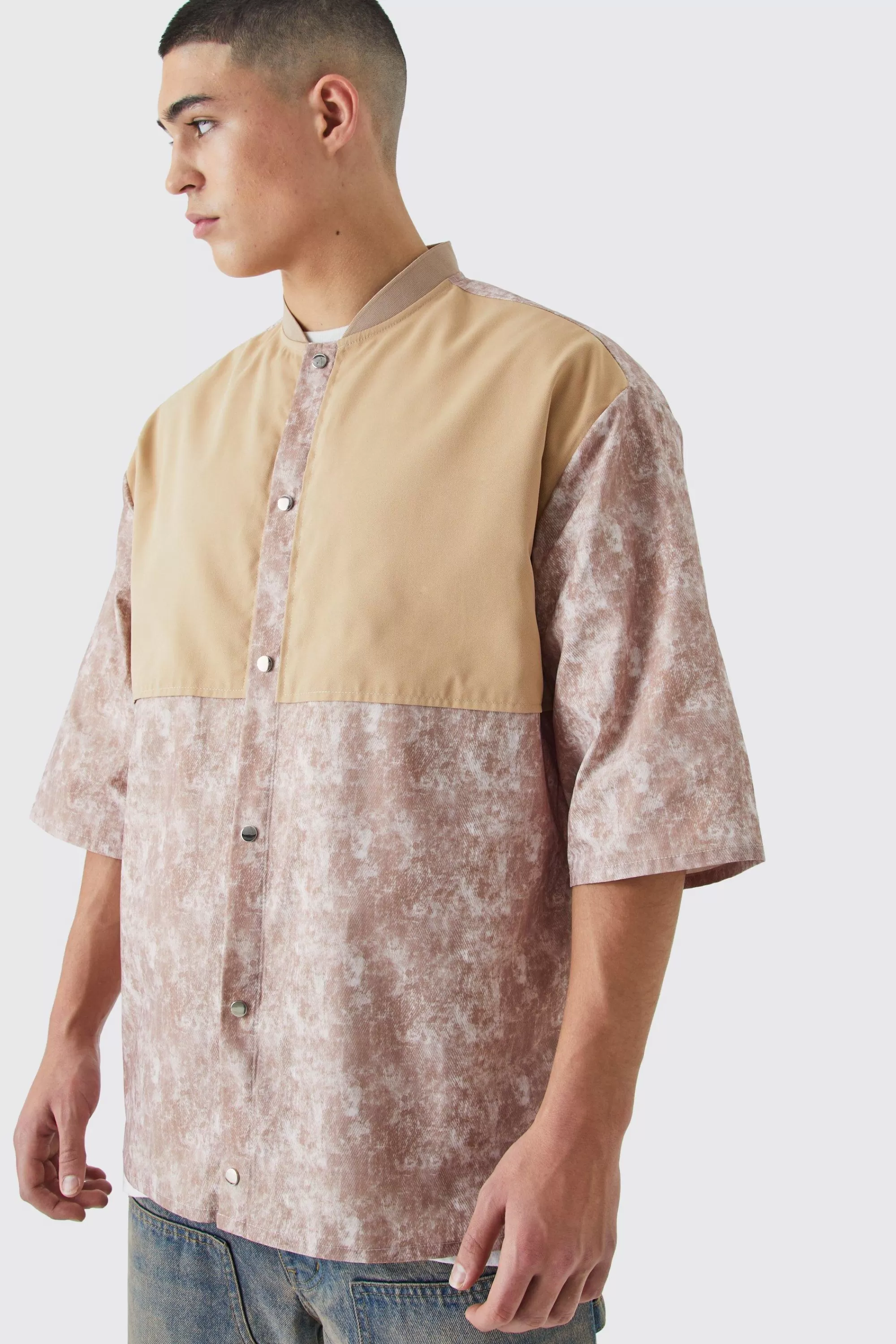 boohooMAN Camo Dropped Shoulder Ribbed Neck Shirt | UK