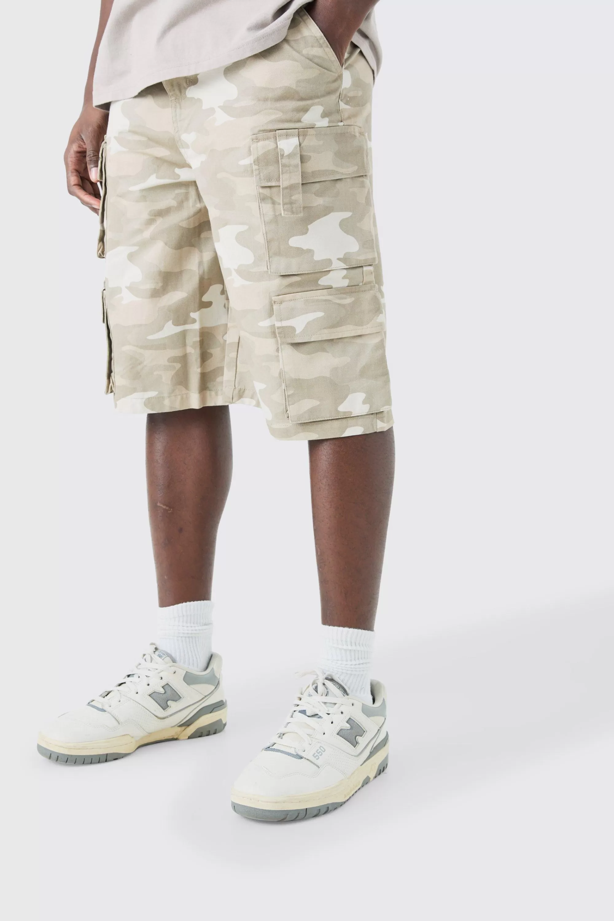 boohooMAN Camo Fixed Waist Multi Cargo Pocket Jorts | UK