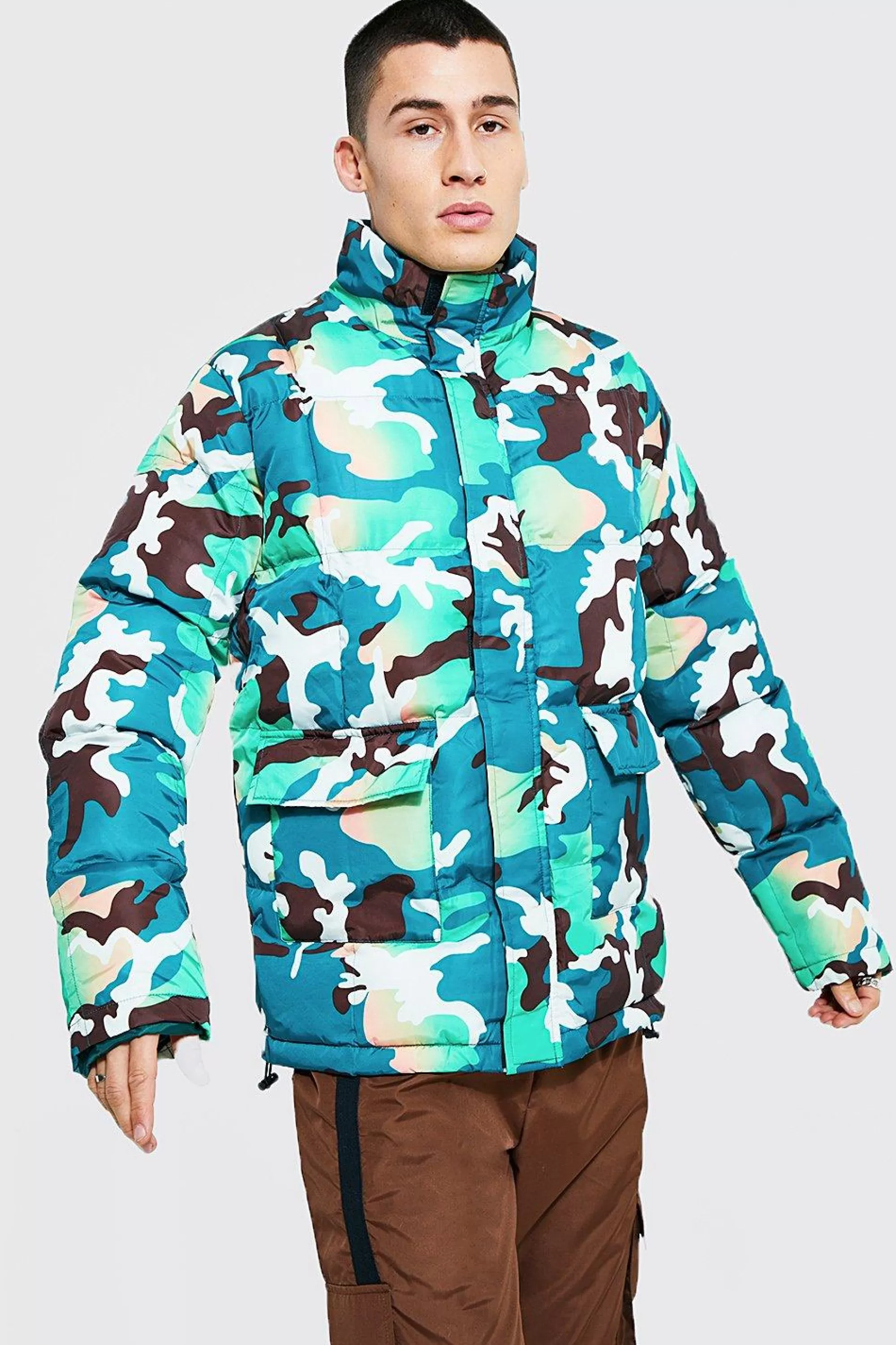 boohooMAN Camo Funnel Neck Puffer | UK