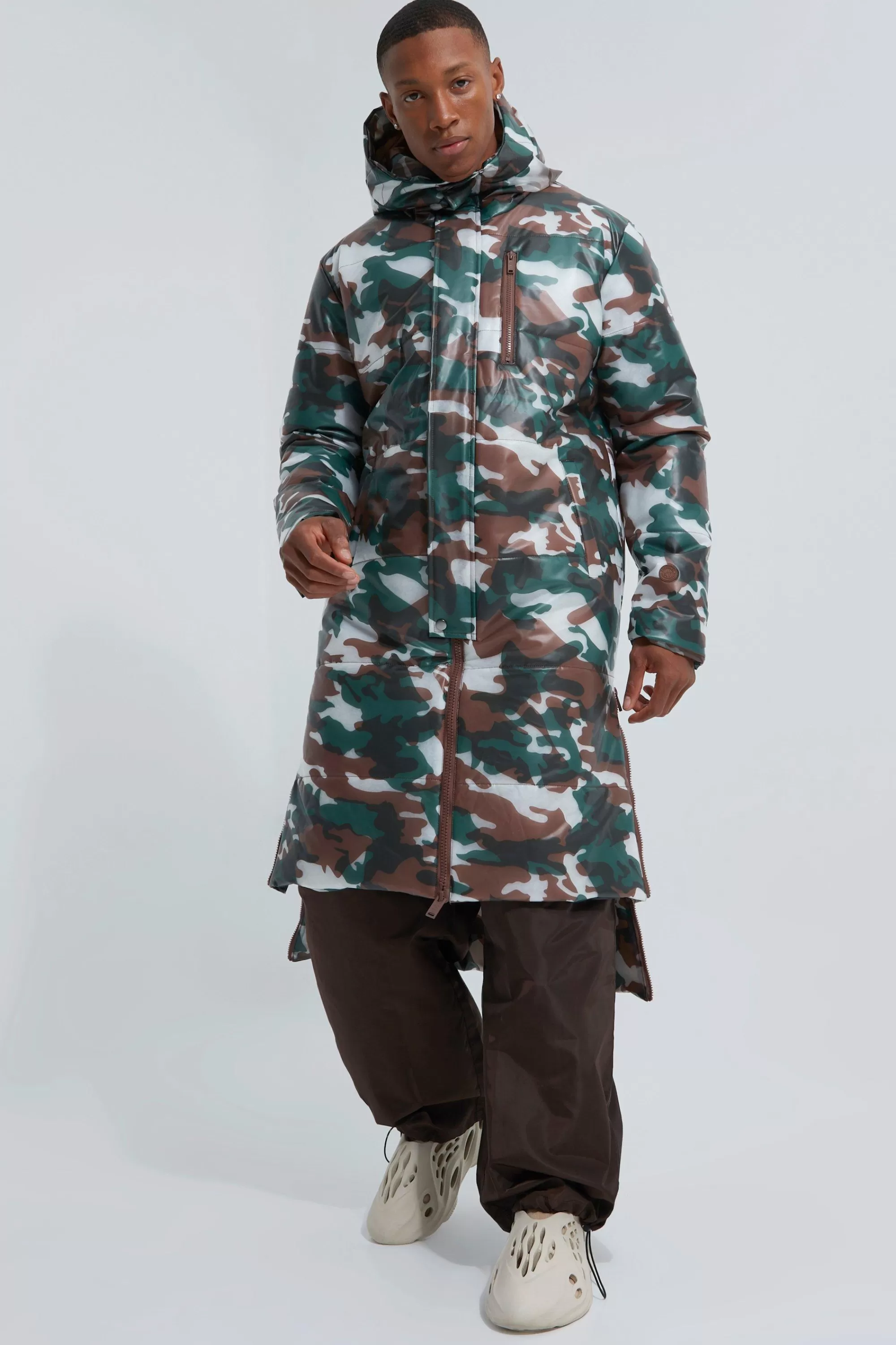 boohooMAN Camo Transparent Longline Puffer | UK
