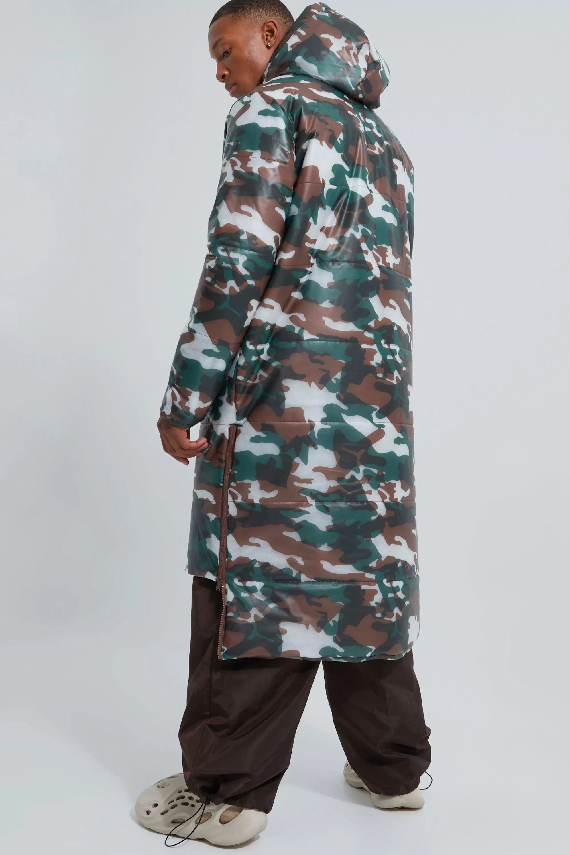boohooMAN Camo Transparent Longline Puffer | UK
