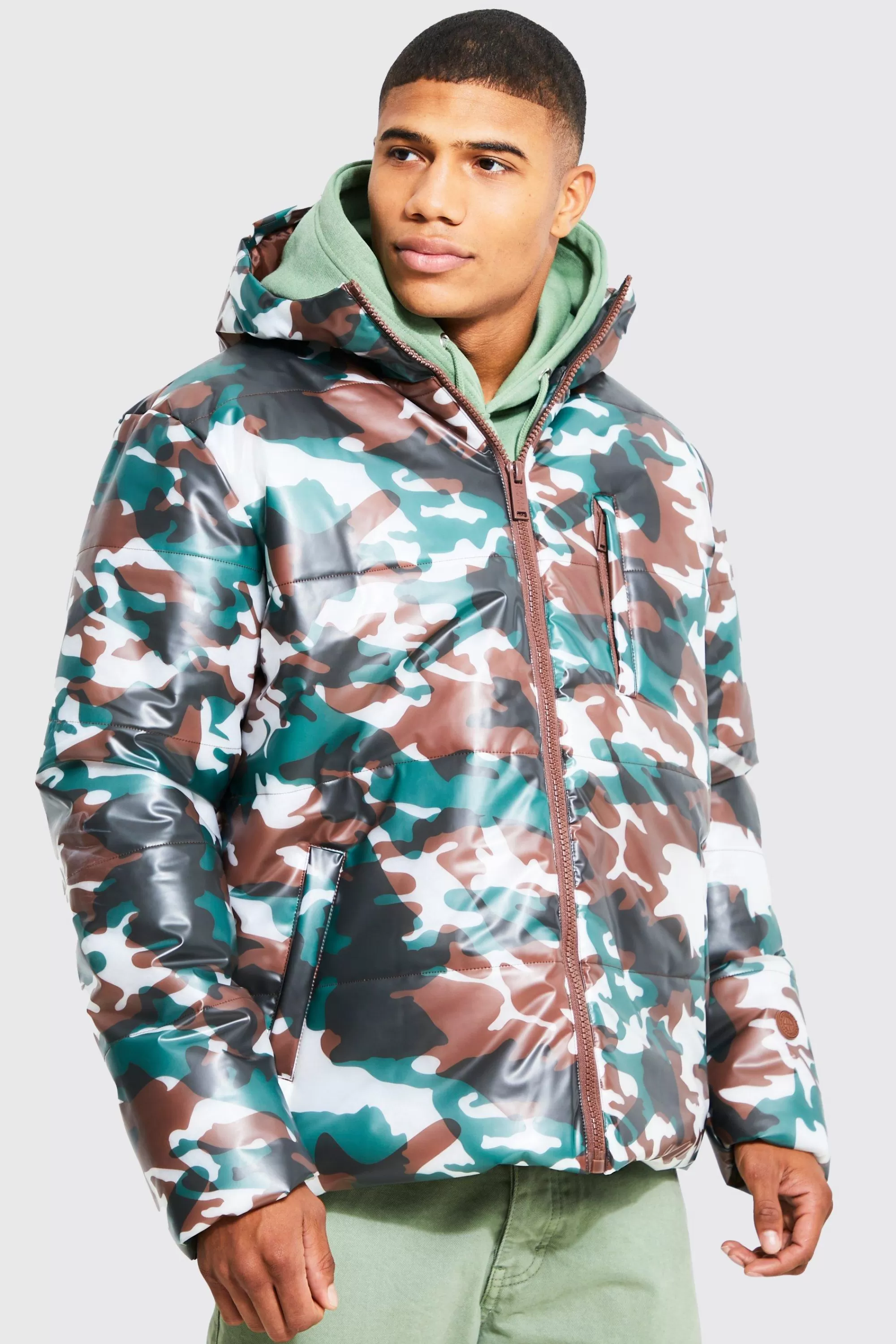 boohooMAN Camo Transparent Puffer | UK