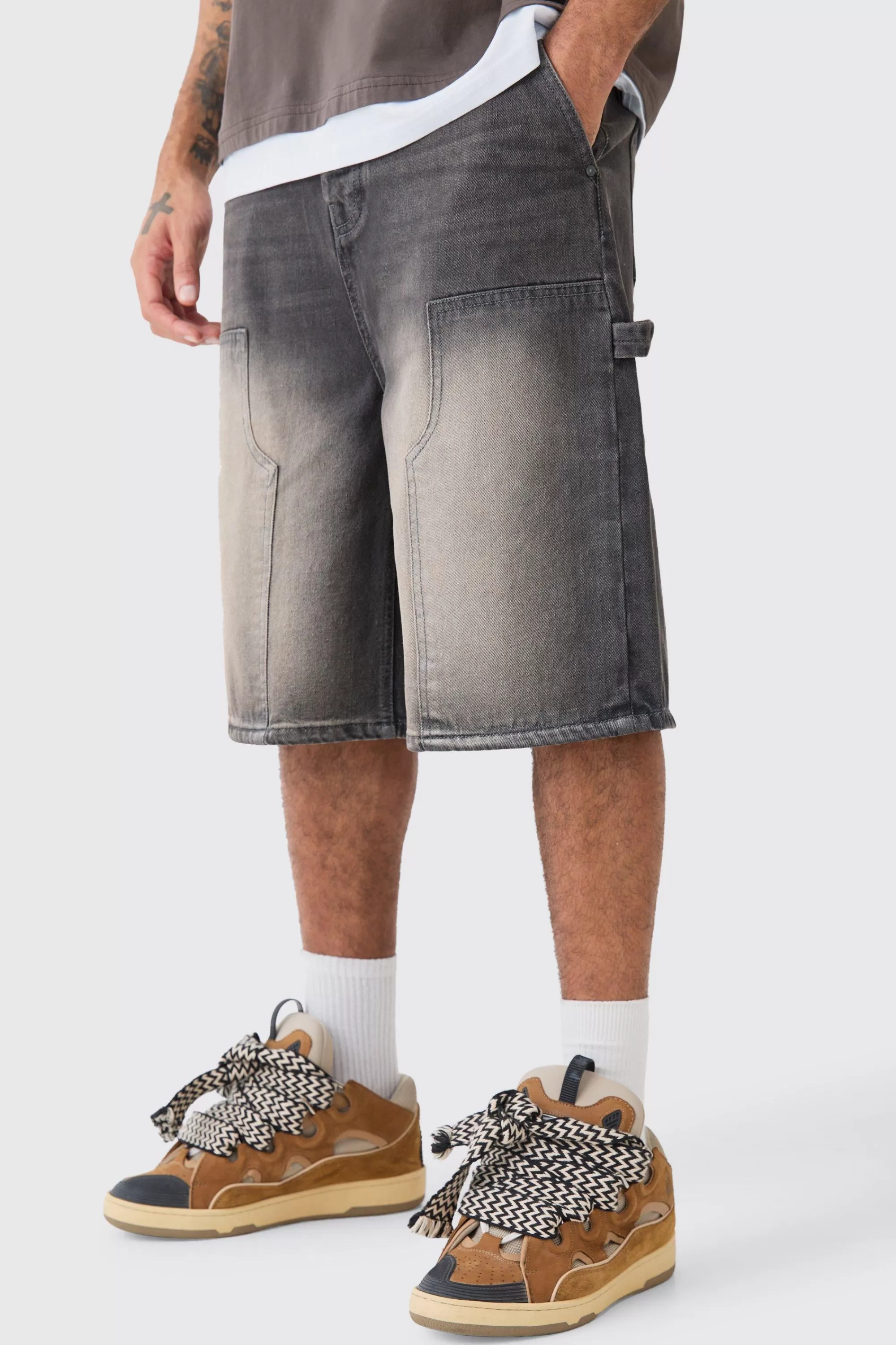 boohooMAN Carpenter Detail Denim Jorts In Antique | UK