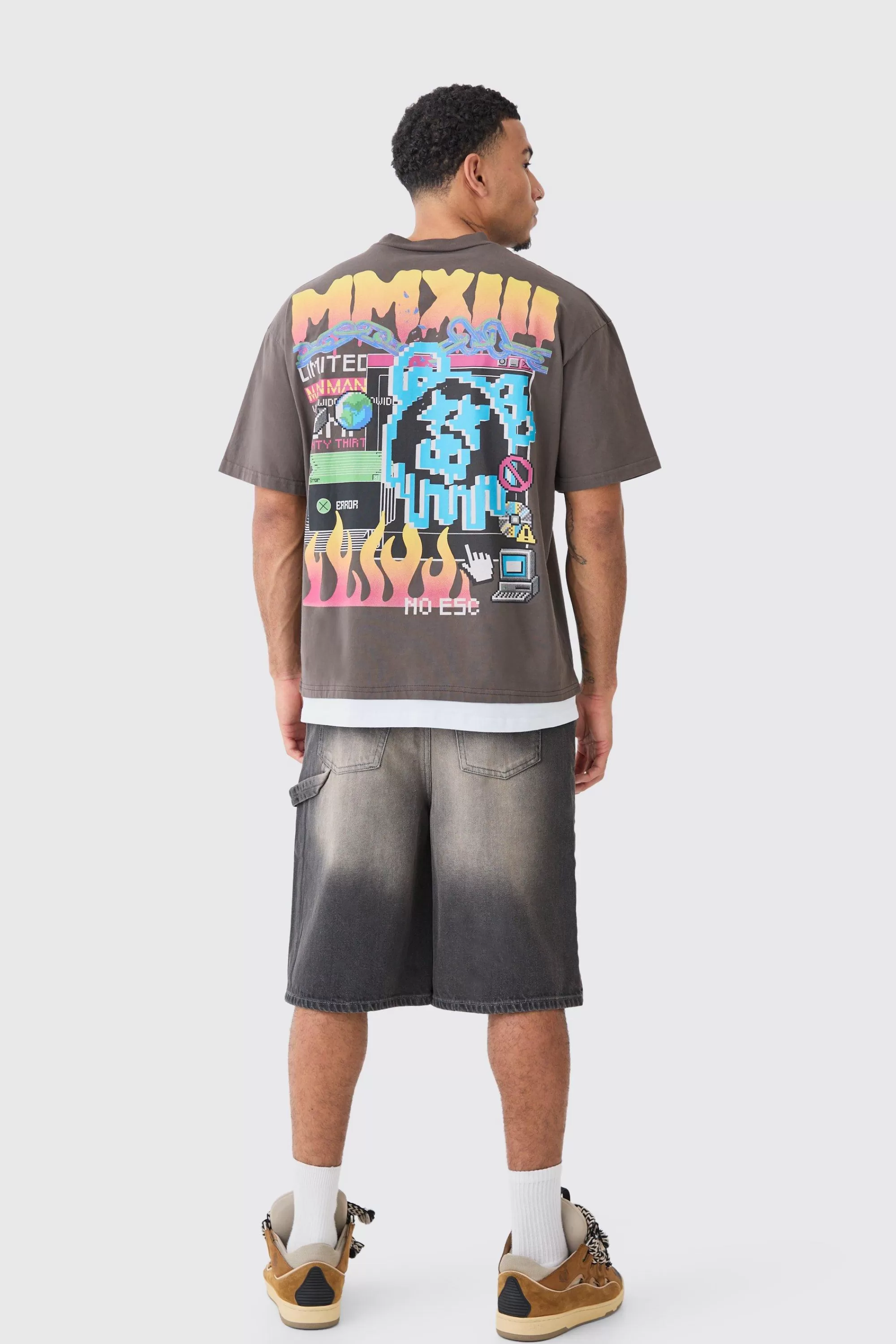 boohooMAN Carpenter Detail Denim Jorts In Antique | UK