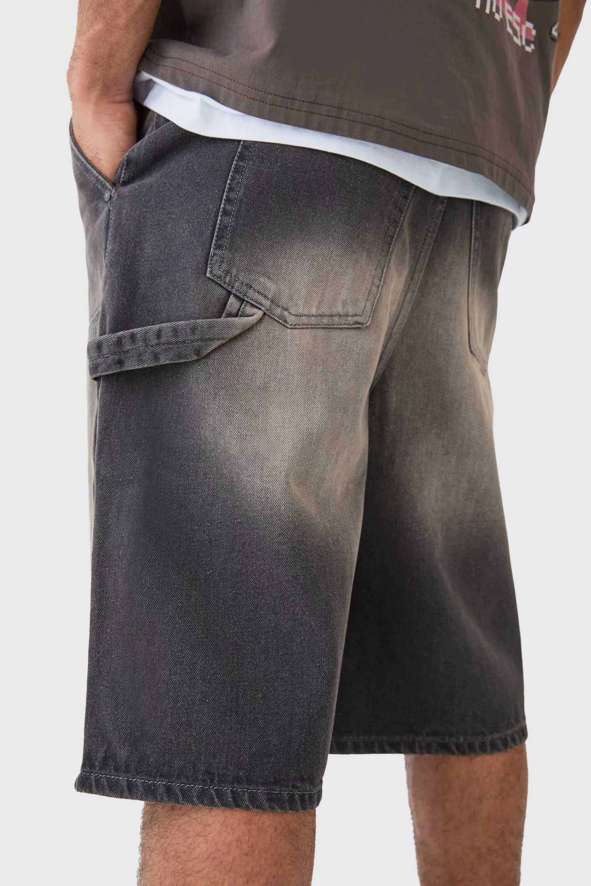 boohooMAN Carpenter Detail Denim Jorts In Antique | UK
