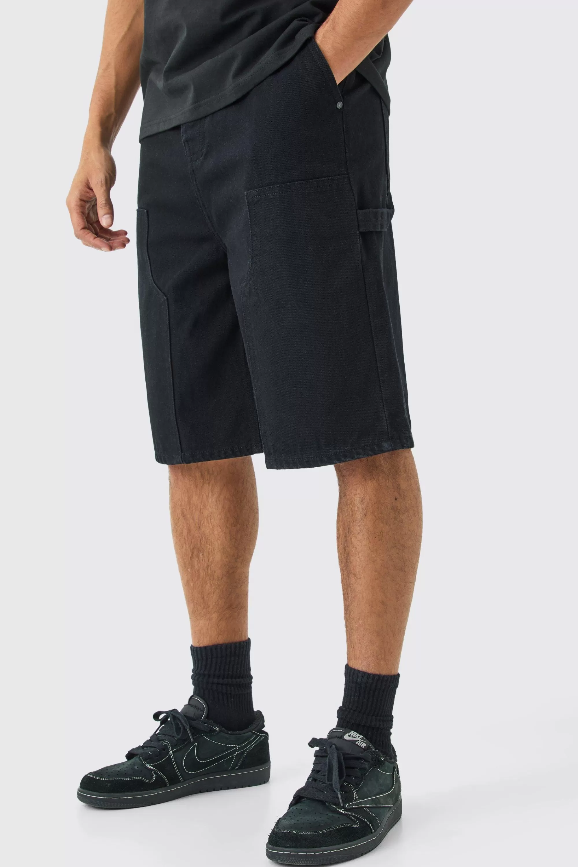boohooMAN Carpenter Detail Denim Jorts In Black | UK