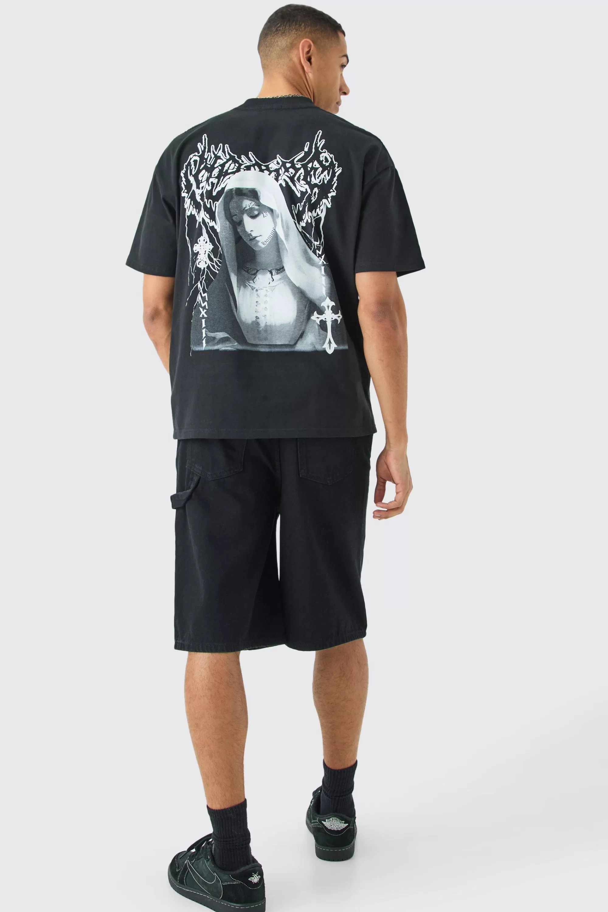 boohooMAN Carpenter Detail Denim Jorts In Black | UK