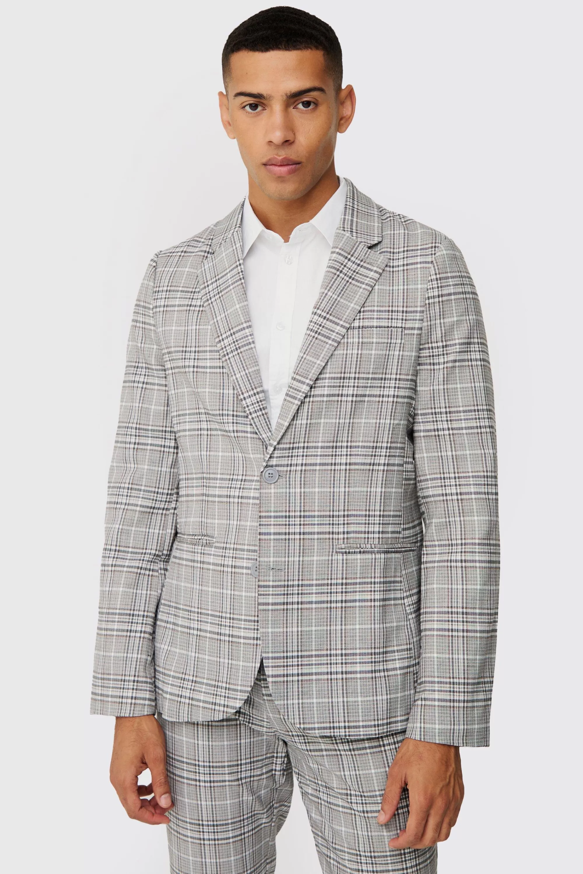 boohooMAN Check Weave Slim Fit Suit Jacket | UK