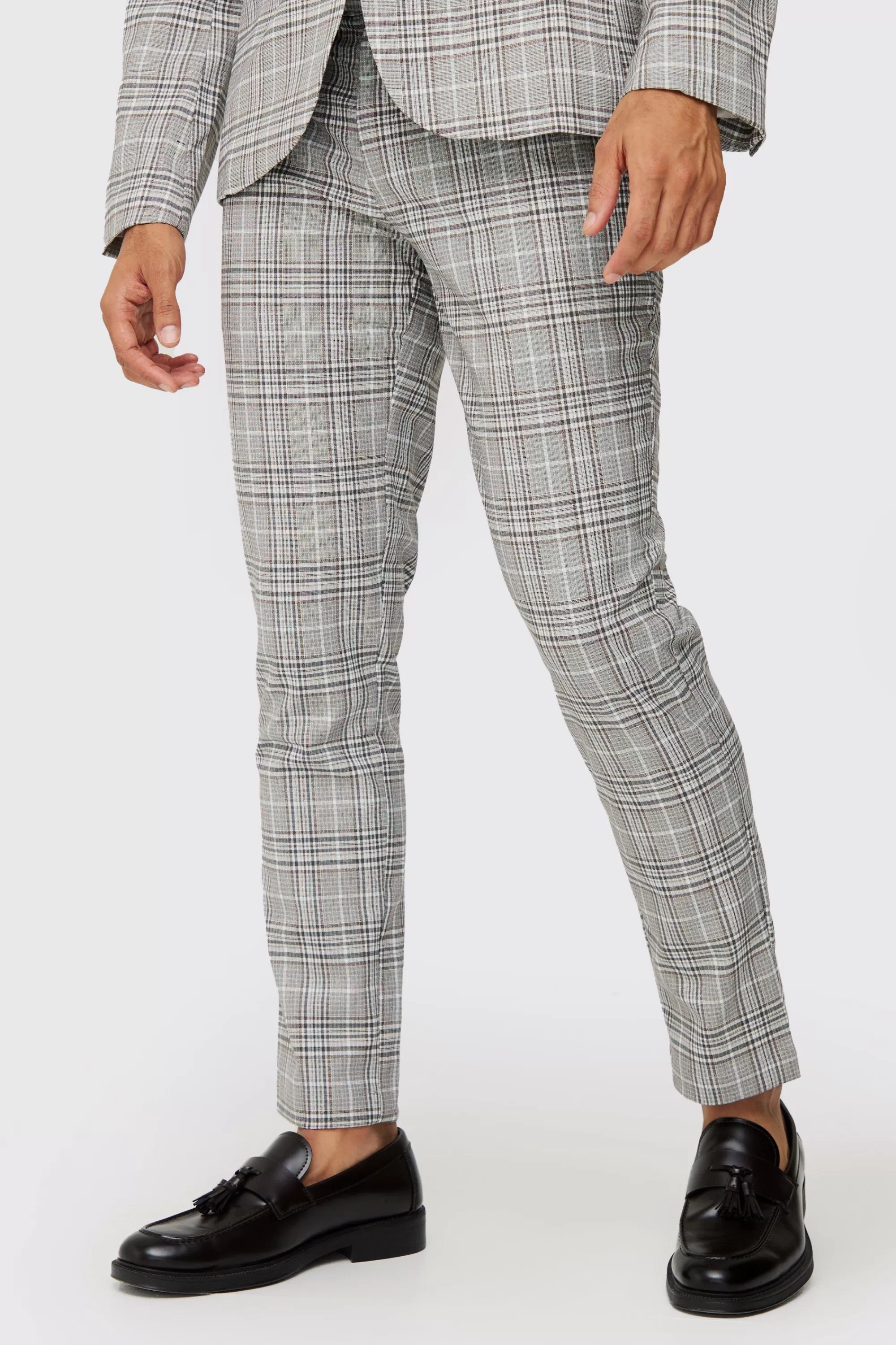 boohooMAN Check Weave Slim Fit Suit Trousers | UK