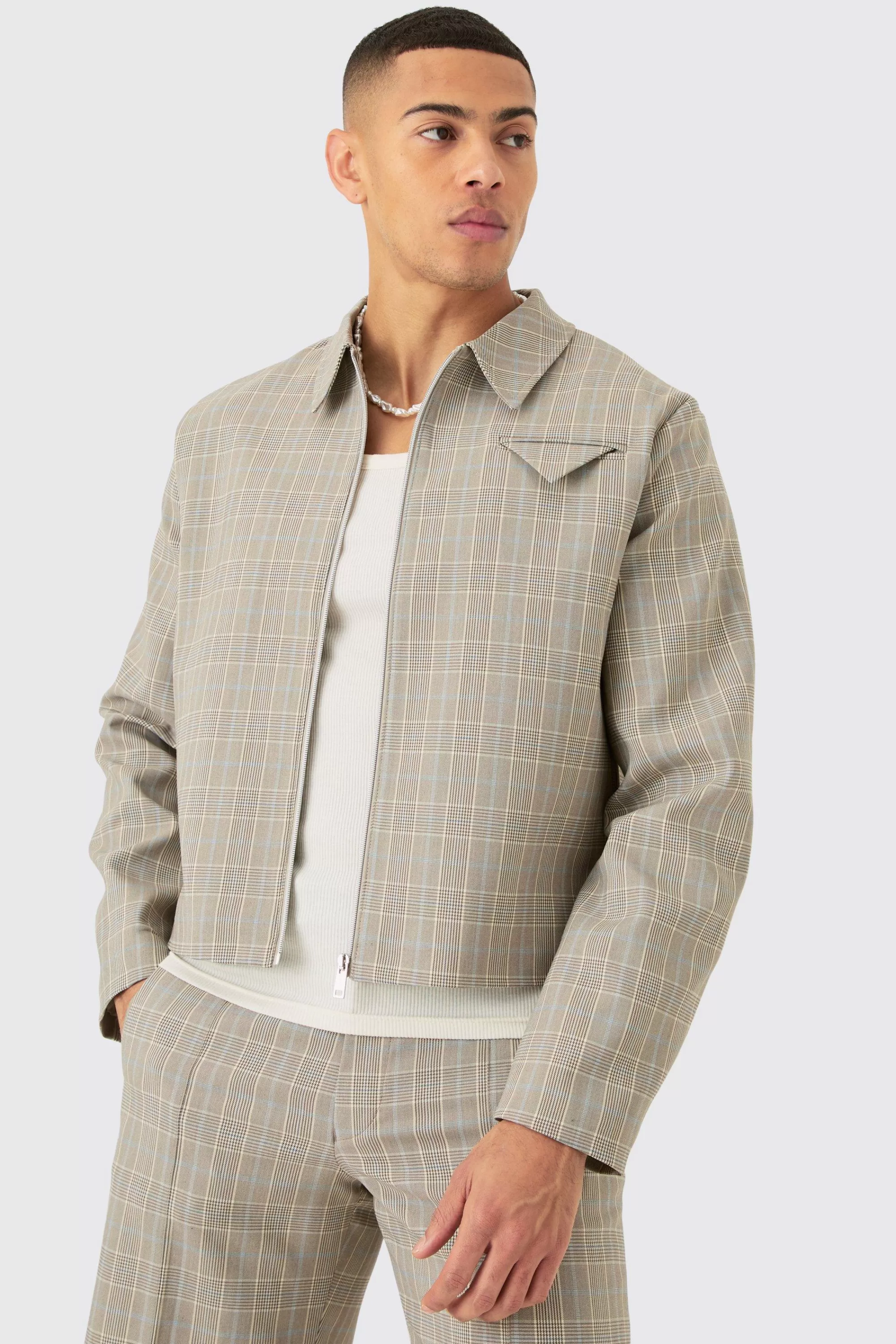 boohooMAN Checked Zip Up Boxy Smart Jacket | UK