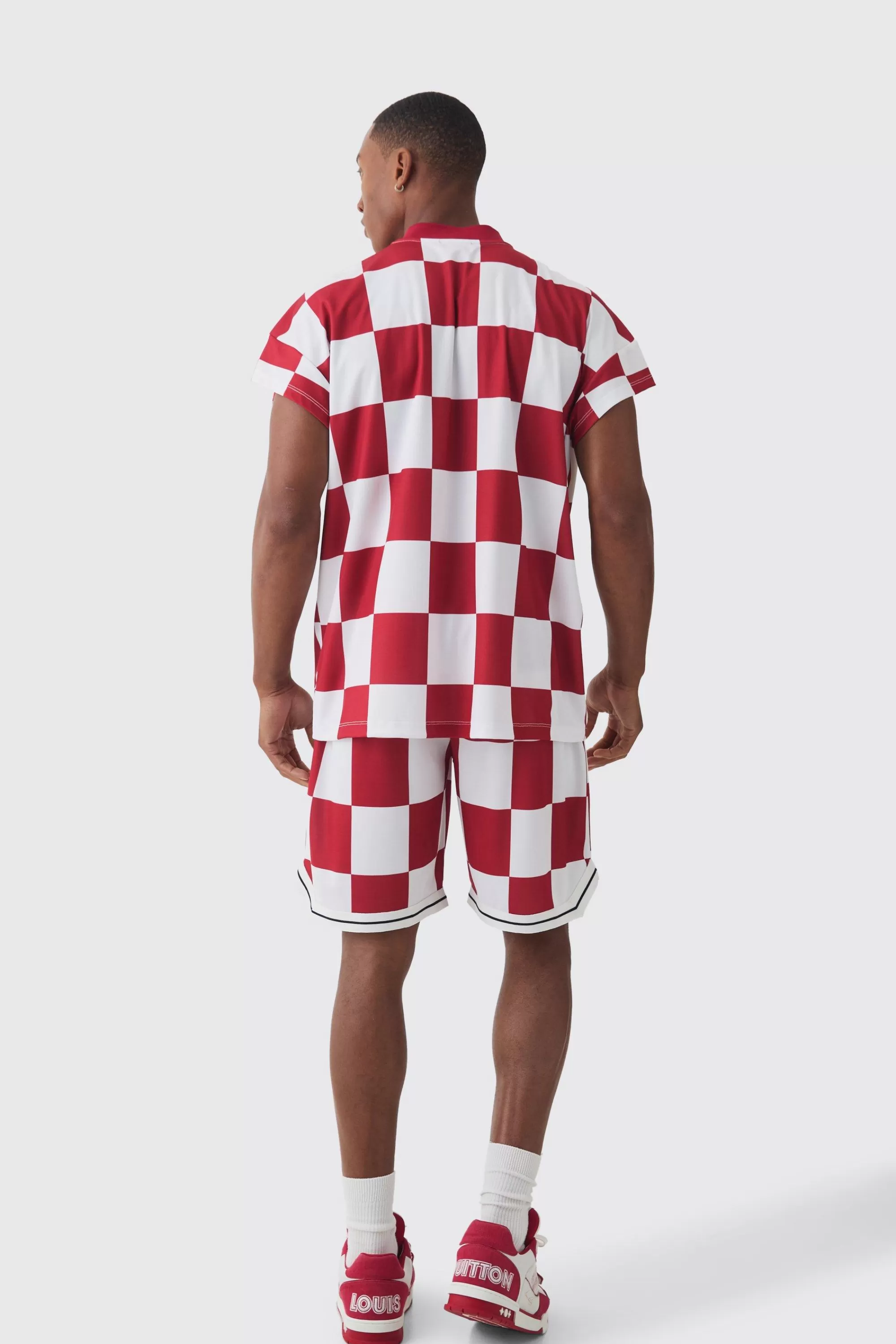 boohooMAN Checkerboard Embroide Pique Long Length Basketball Shorts | UK