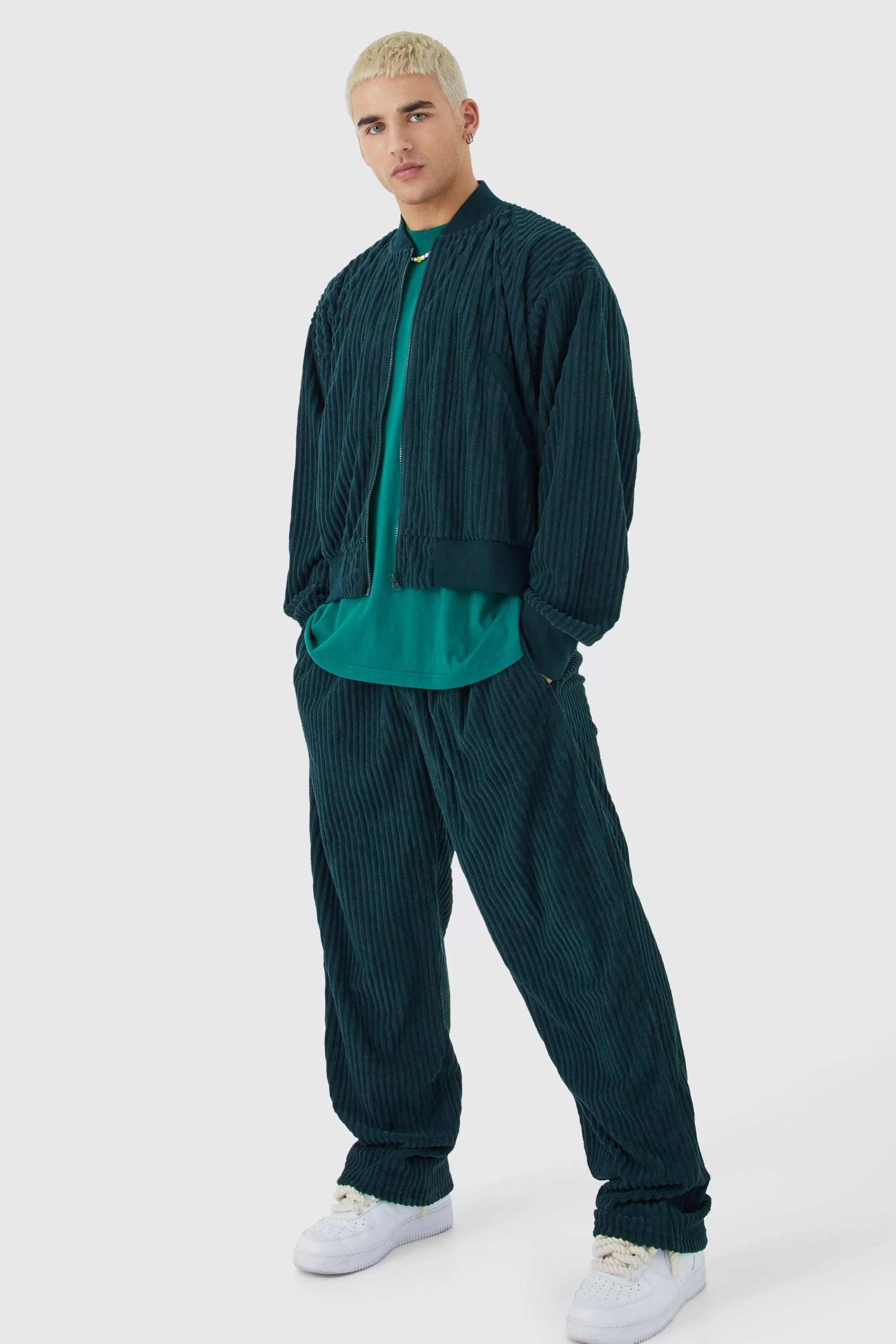 boohooMAN Chenille Rib Boxy Bomber Jacket & Relaxed Waist Trouser Set | UK