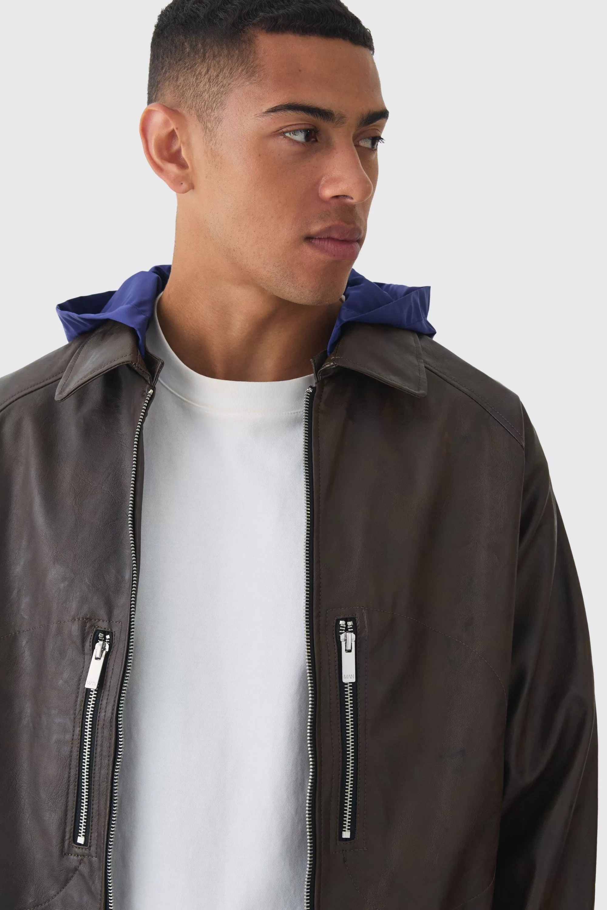 boohooMAN Collared Pu Bomber Jacket With Detachable Hood In | UK