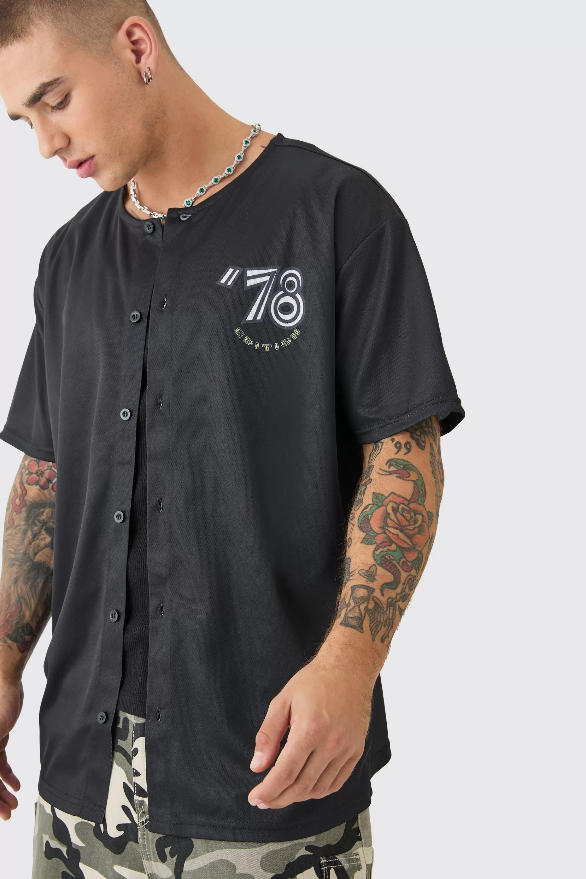 boohooMAN Collarless Mesh Back Print Shirt | UK