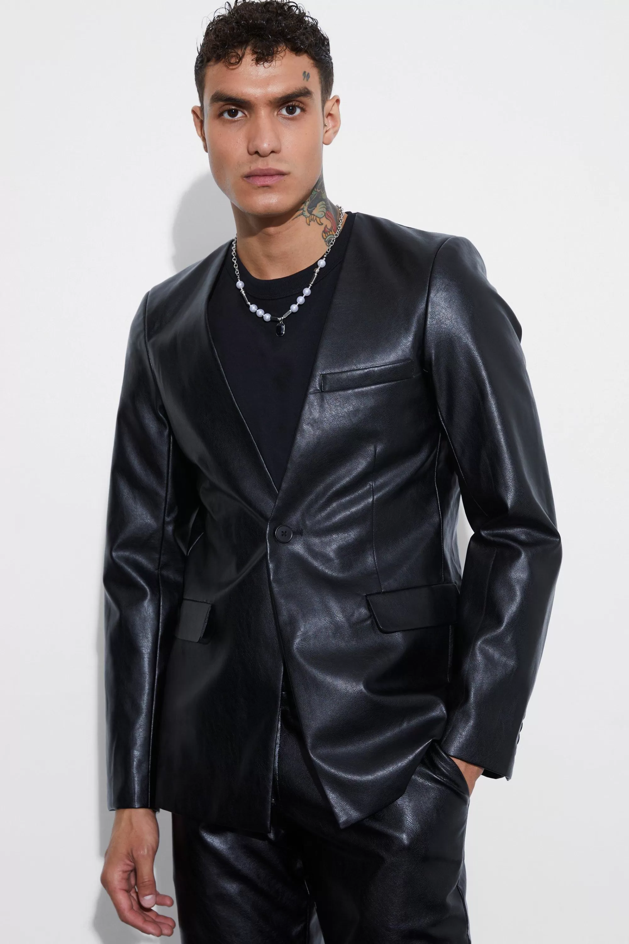 boohooMAN Collarless Pu Slim Fit Suit Jacket | UK