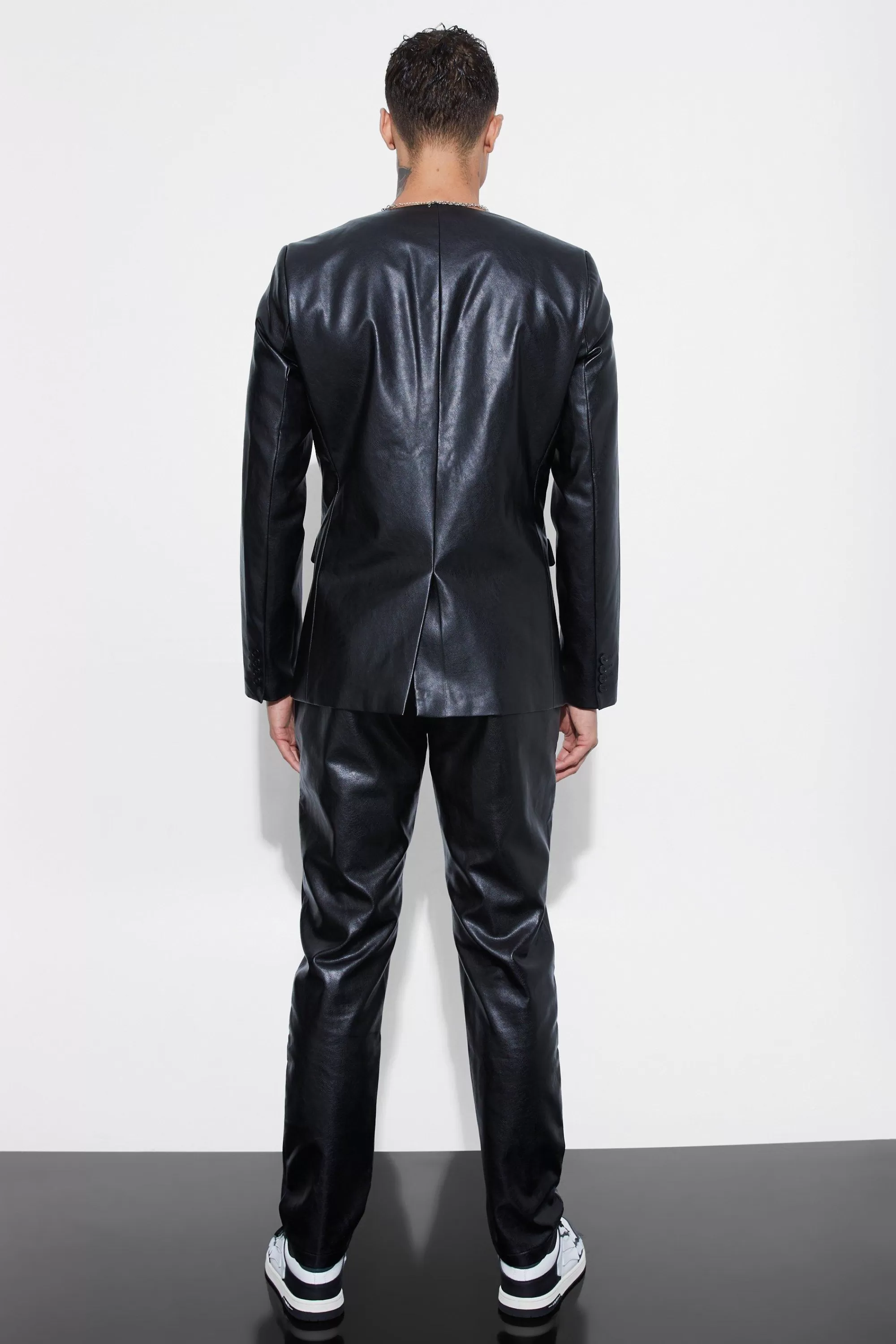 boohooMAN Collarless Pu Slim Fit Suit Jacket | UK