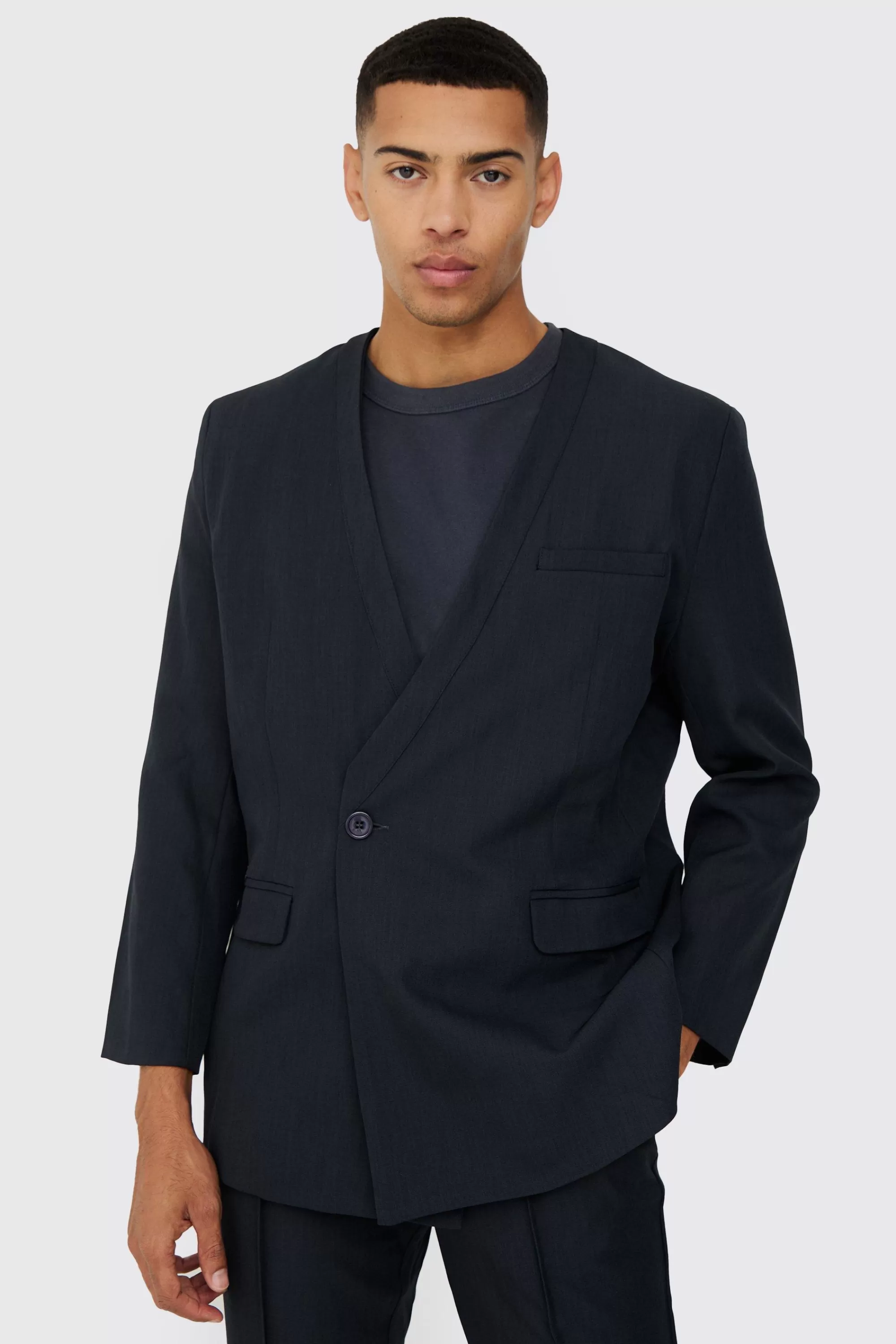 boohooMAN Collarless Straight Blazer | UK