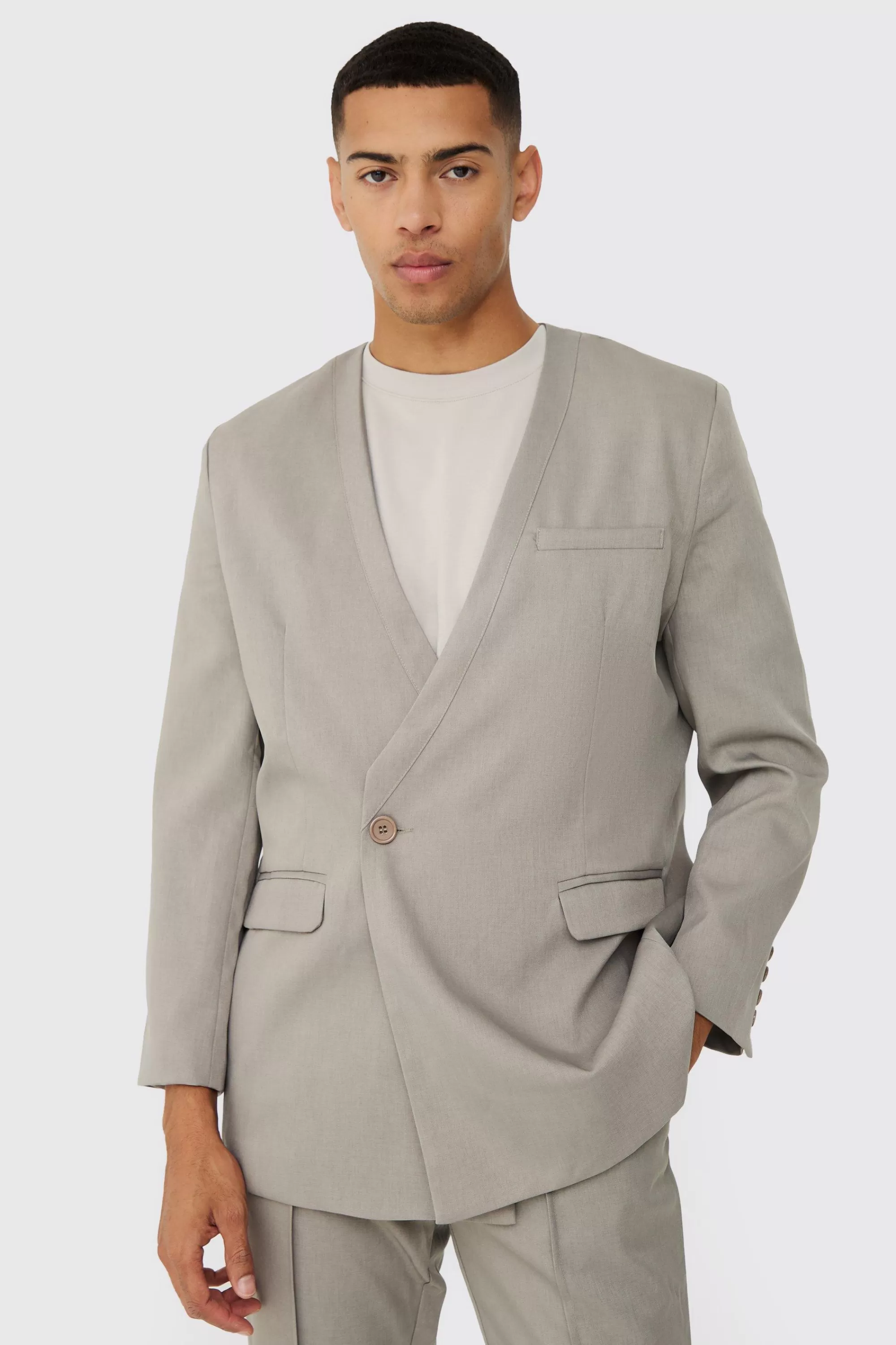 boohooMAN Collarless Straight Blazer | UK