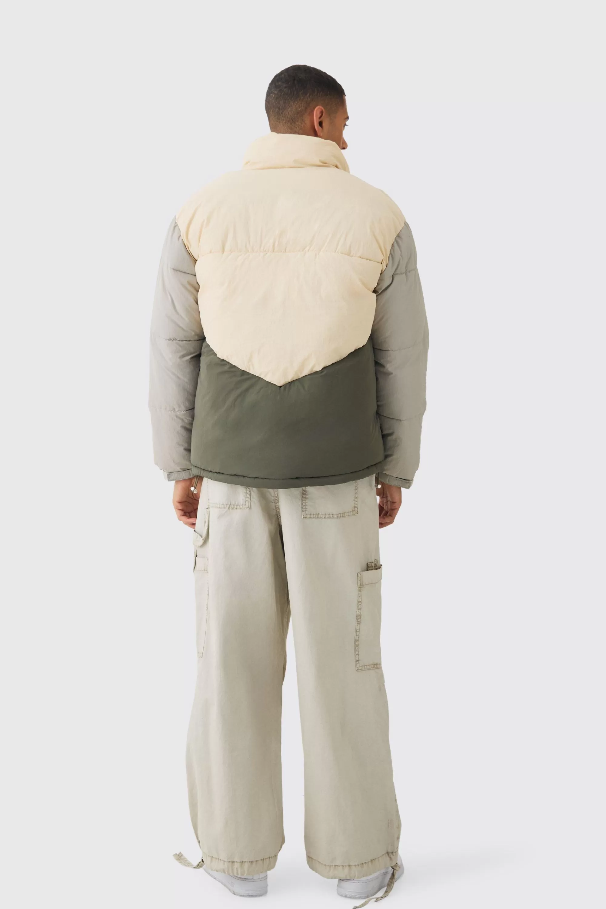 boohooMAN Colour Block Funnel Neck Puffer In | UK