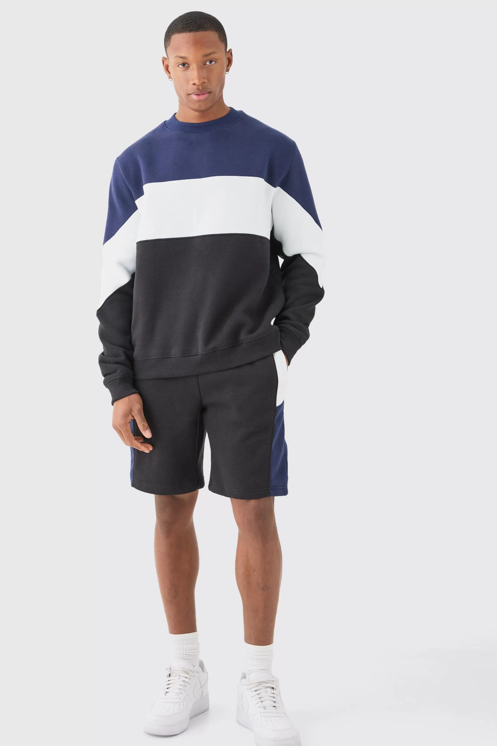 boohooMAN Colour Block Sweatshirt Short Tracksuit | UK