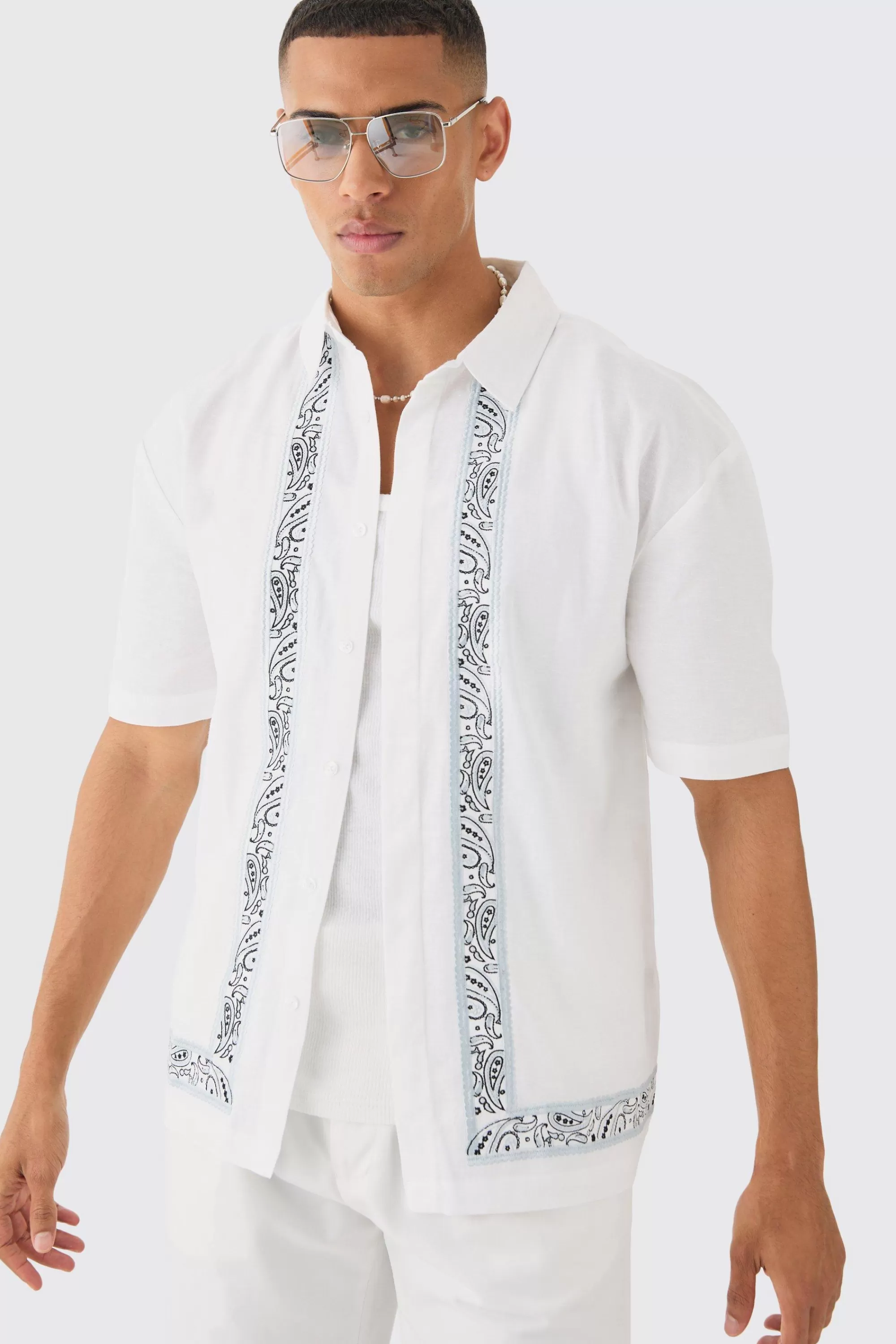 boohooMAN Concealed Placket Linen Boarder Shirt | UK