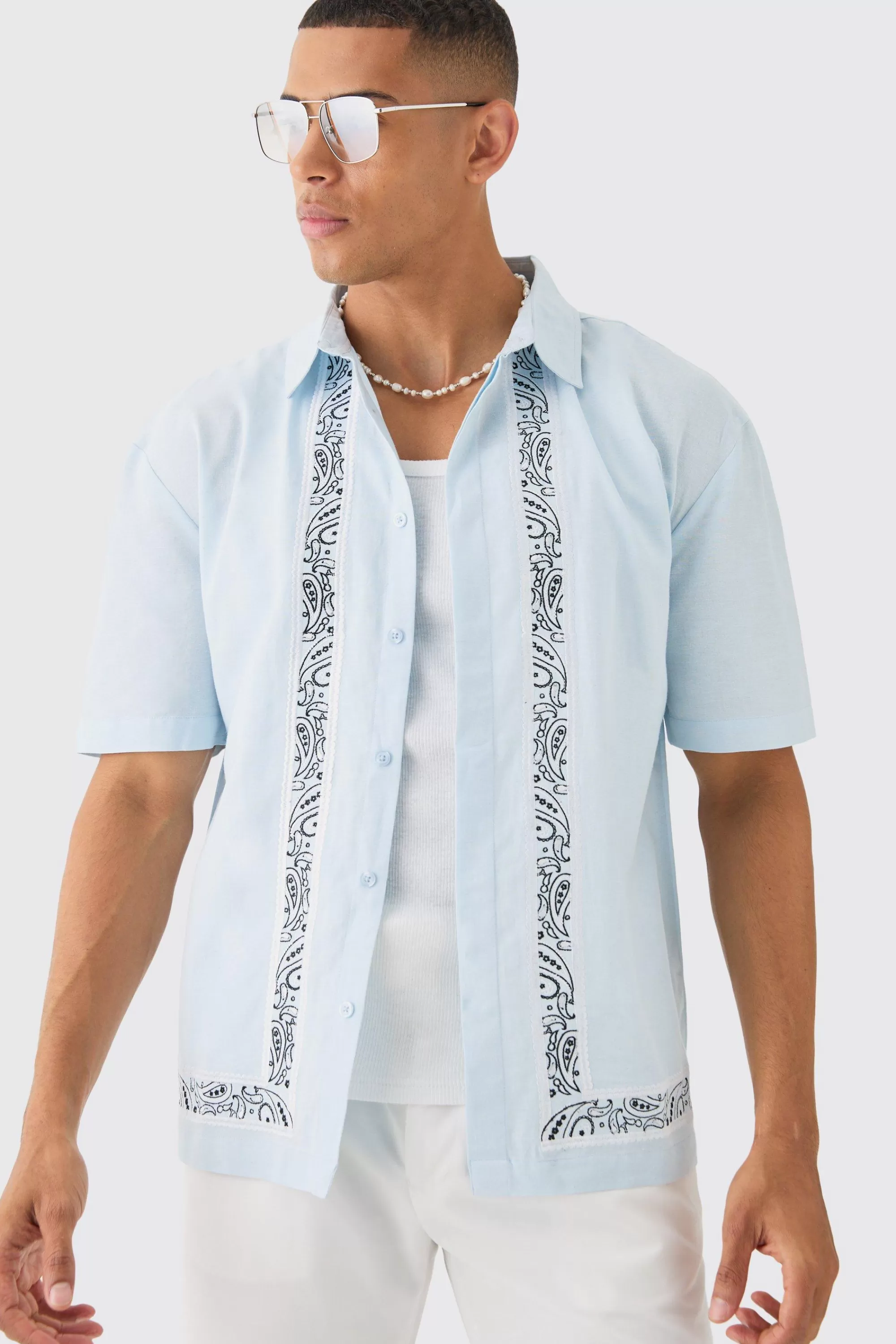 boohooMAN Concealed Placket Linen Boarder Shirt | UK
