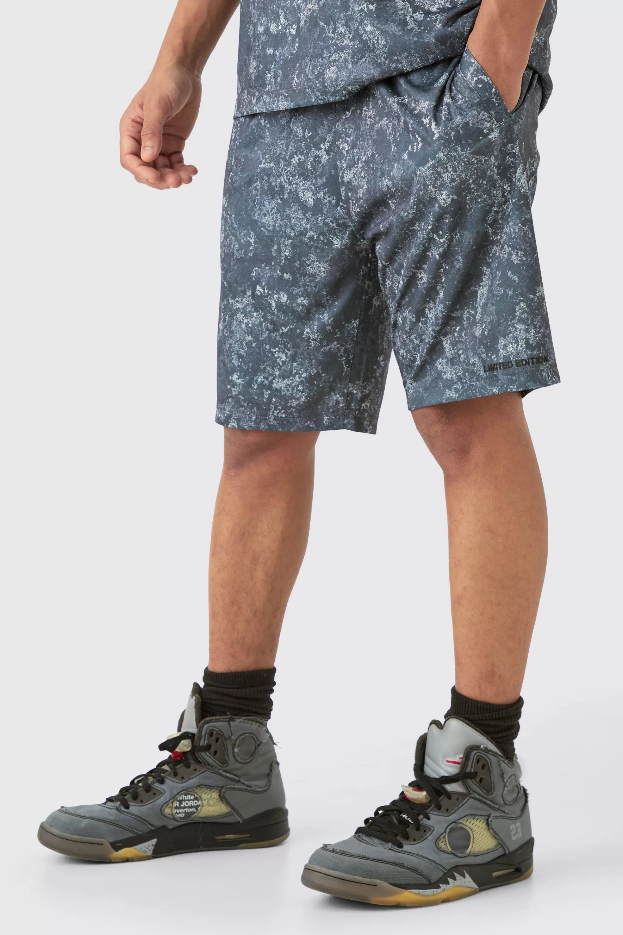 boohooMAN Concrete Print Limited Edition Basketball Shorts | UK