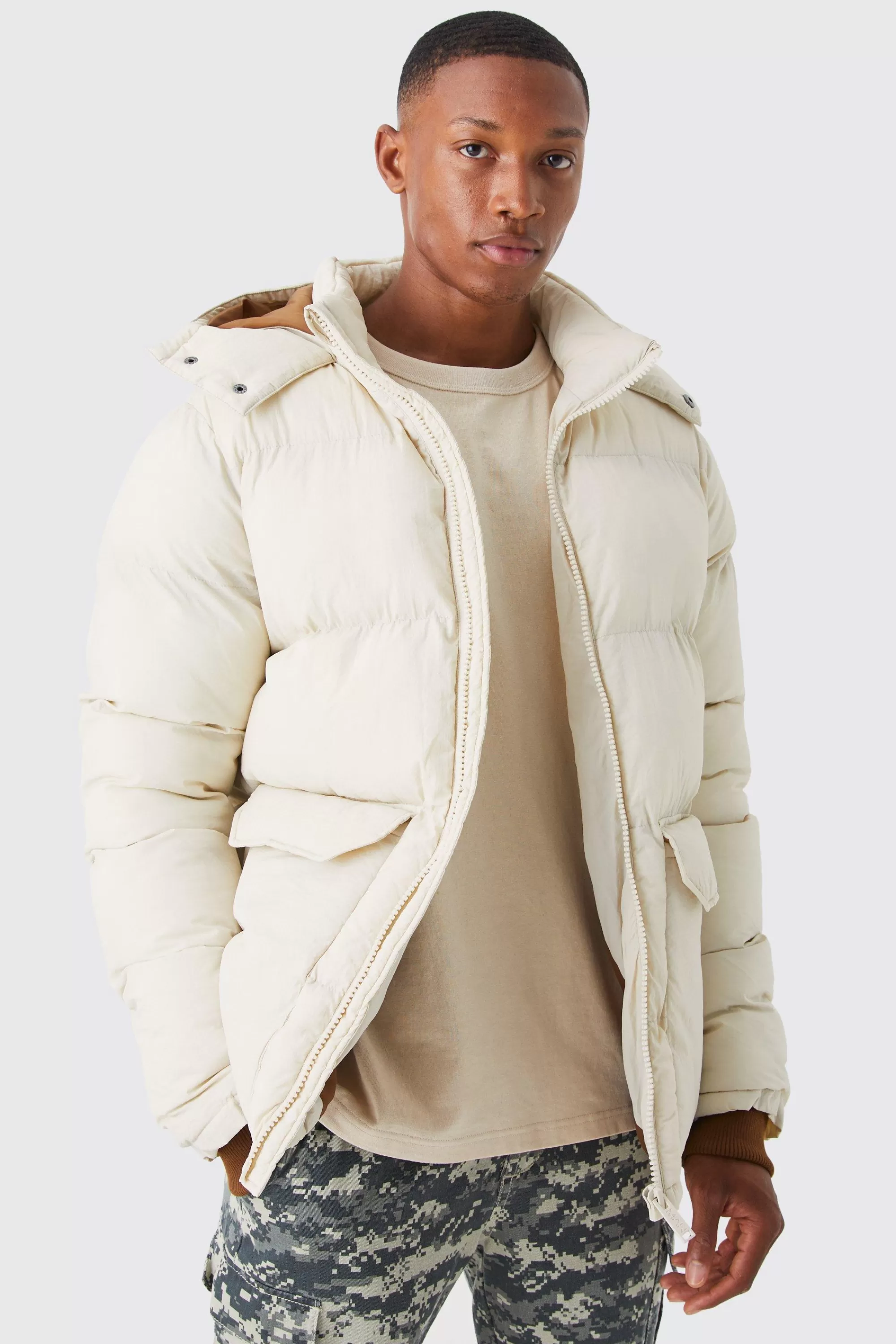 boohooMAN Contrast Hood Mid Length Puffer | UK