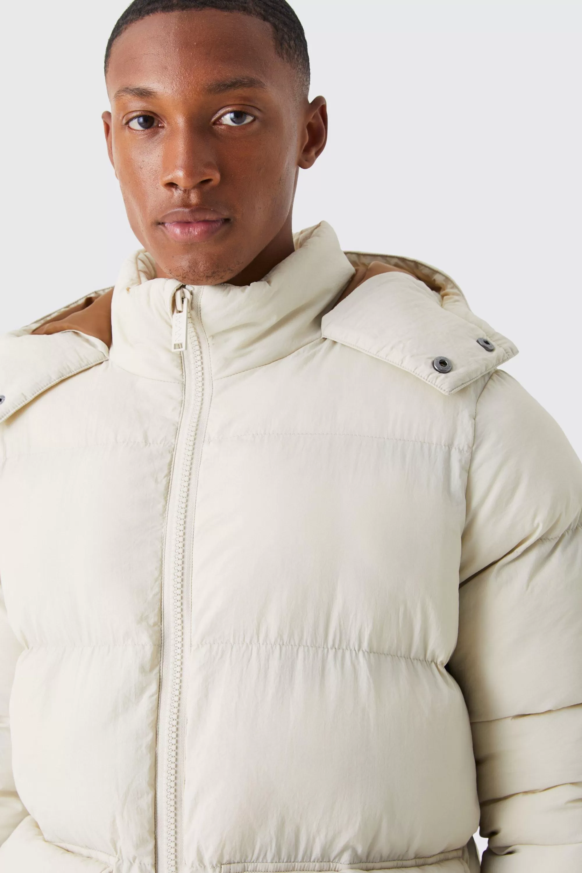 boohooMAN Contrast Hood Mid Length Puffer | UK