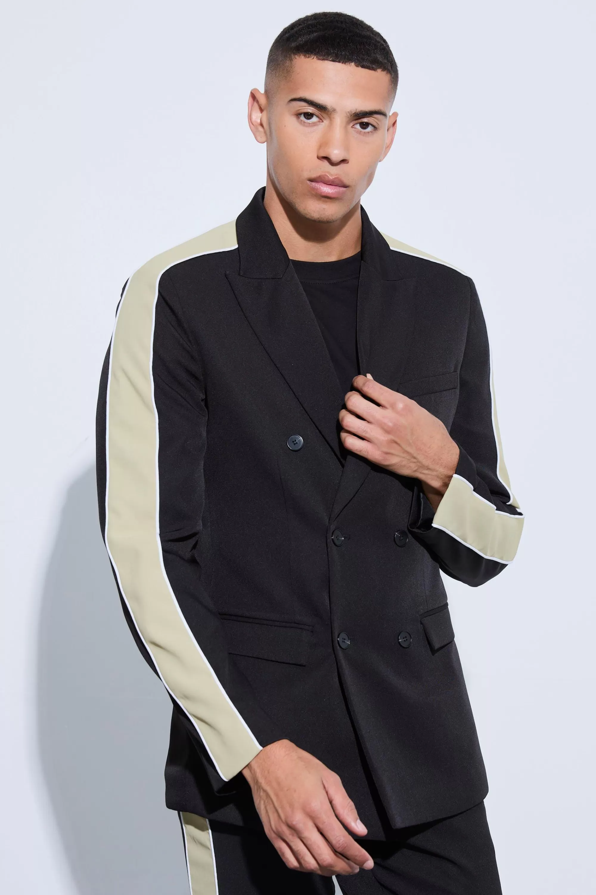 boohooMAN Contrast Panel Double Breasted Relaxed Fit Blazer | UK