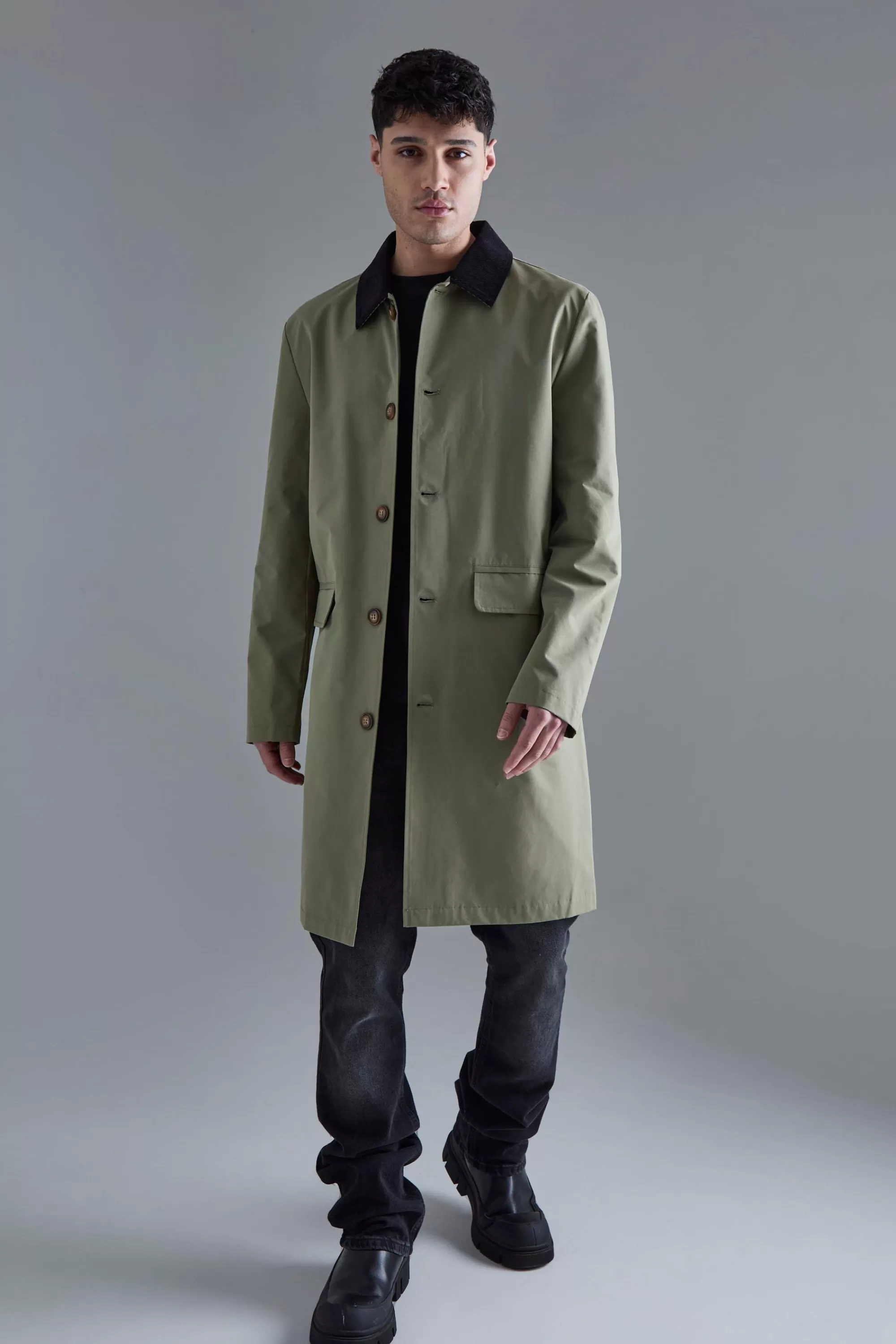 boohooMAN Cord Collar Button Through Mac | UK