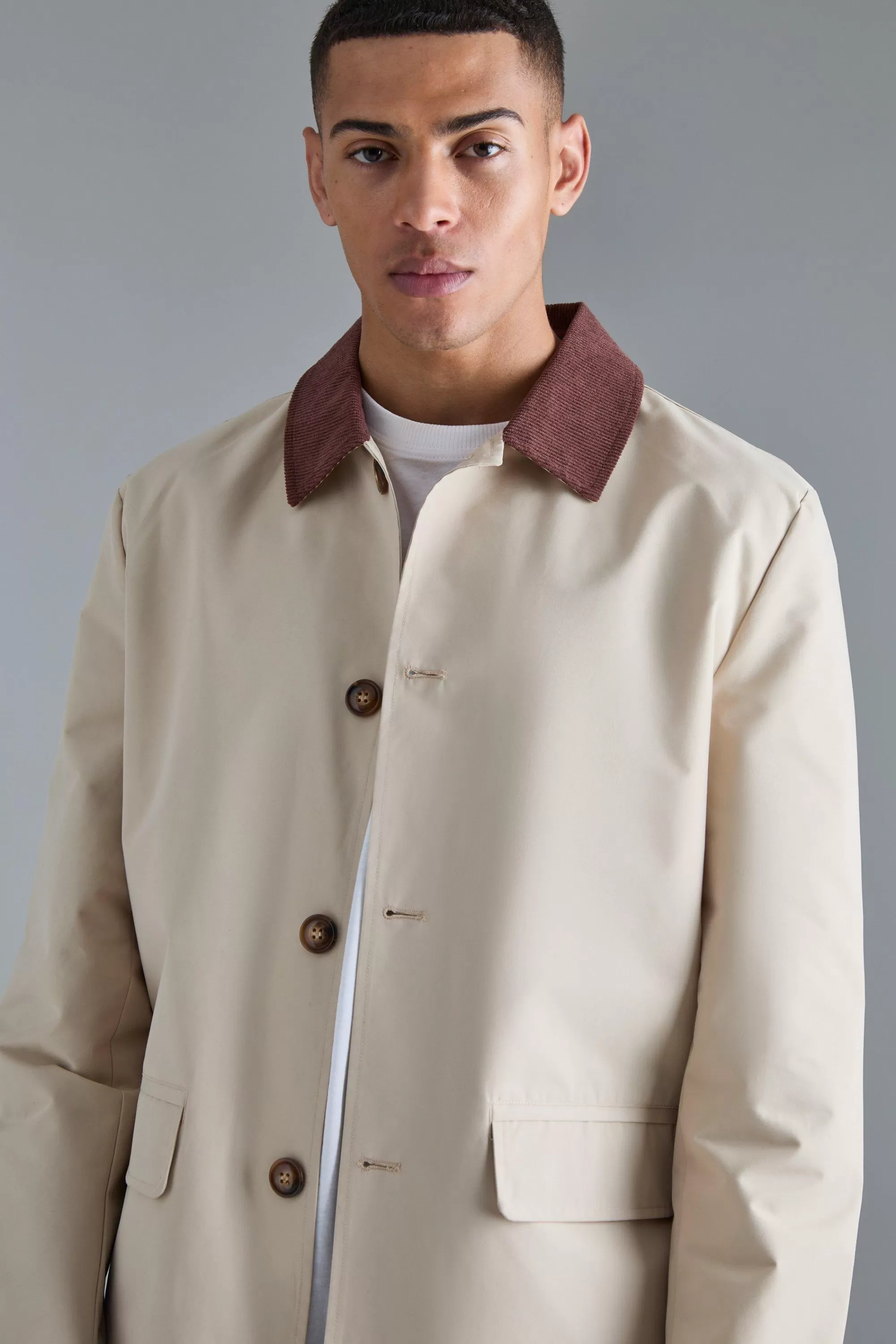 boohooMAN Cord Collar Button Through Mac | UK