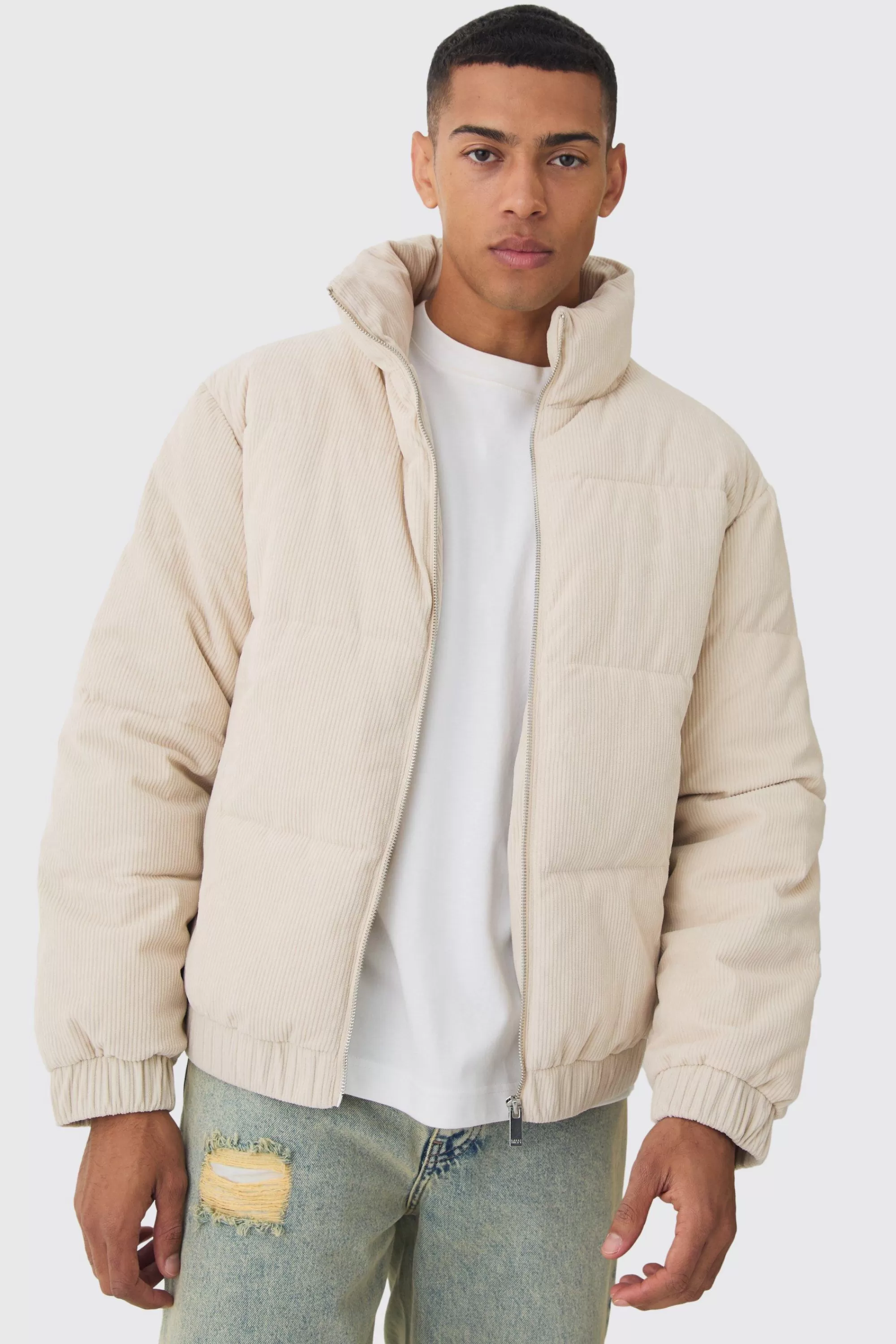 boohooMAN Cord Funnel Neck Puffer Coat In | UK